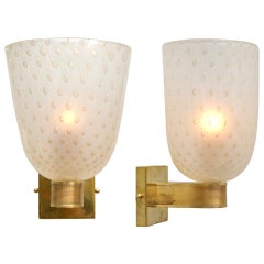 Pair of Murano "Pulegoso" Glass and Brass Sconces
