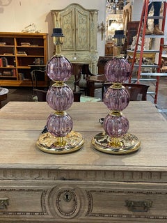 Pair of Purple Ball form Murano Glass and Brass Lamps