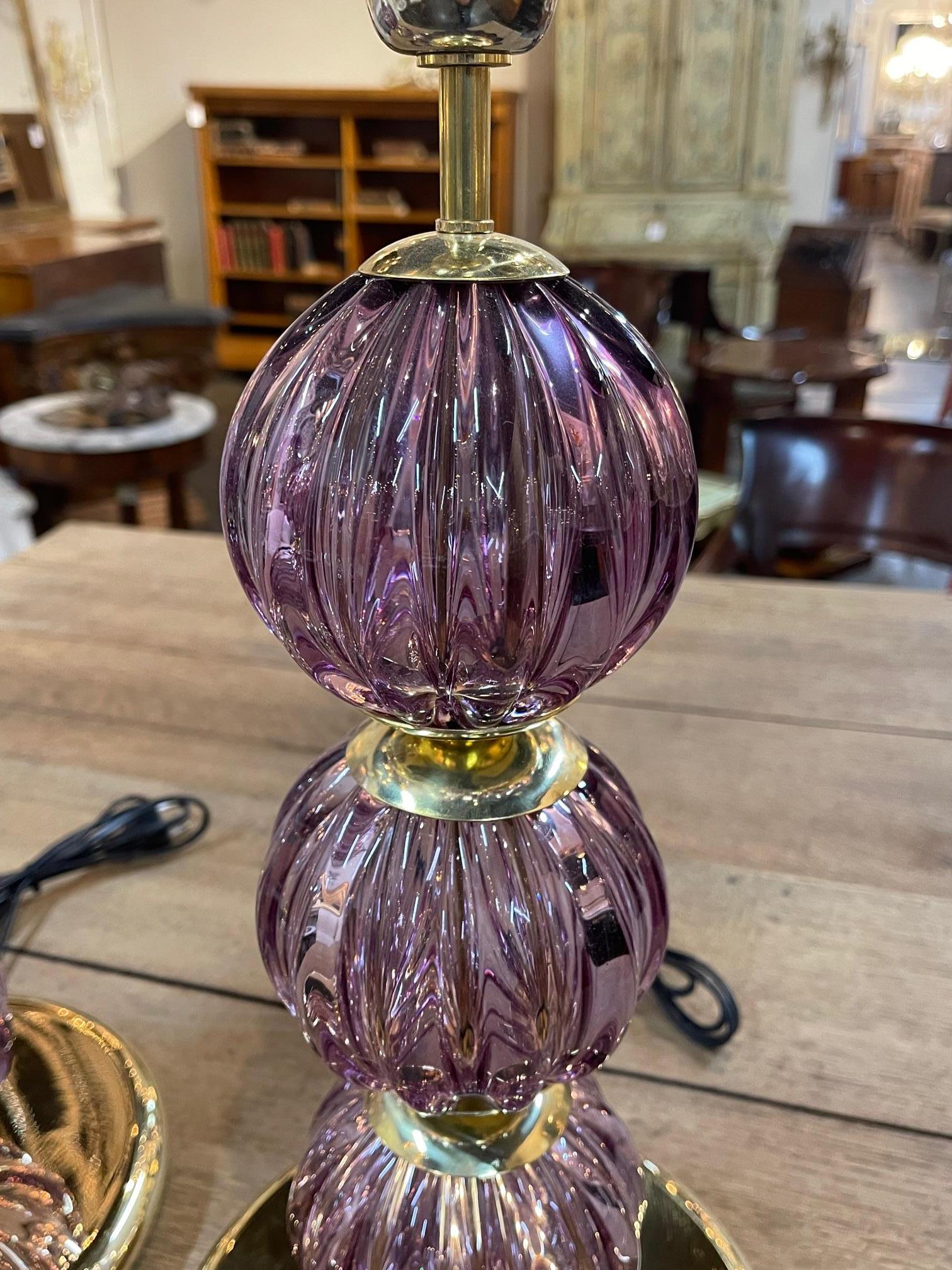 Contemporary Pair of Purple Ball form Murano Glass and Brass Lamps For Sale