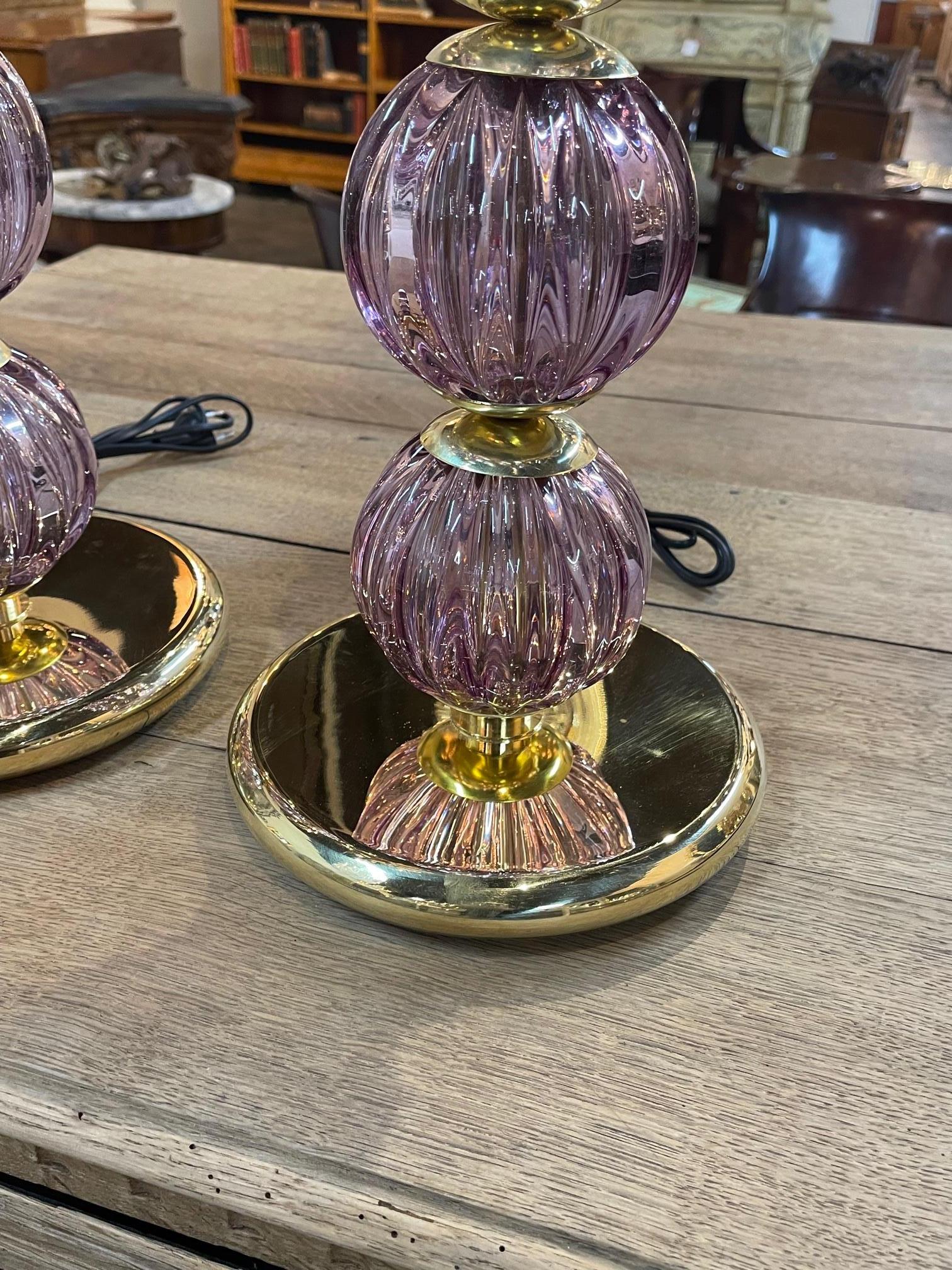 Pair of Purple Ball form Murano Glass and Brass Lamps For Sale 1