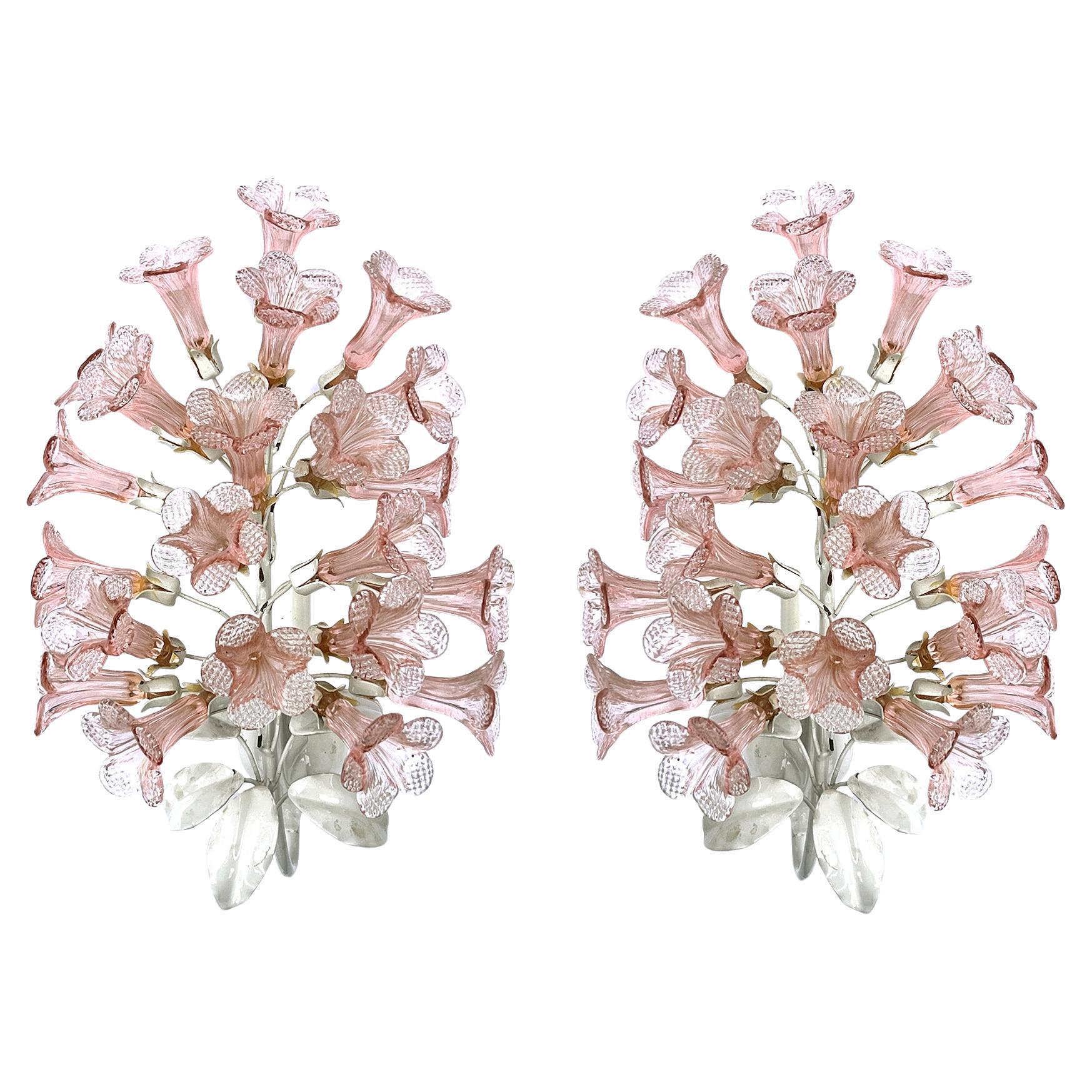 Pair of Murano Rose-colored Floral Glass Wall Sconces with White Enameled Leaves For Sale