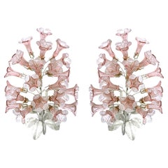 Vintage Pair of Murano Rose-colored Floral Glass Wall Sconces with White Enameled Leaves