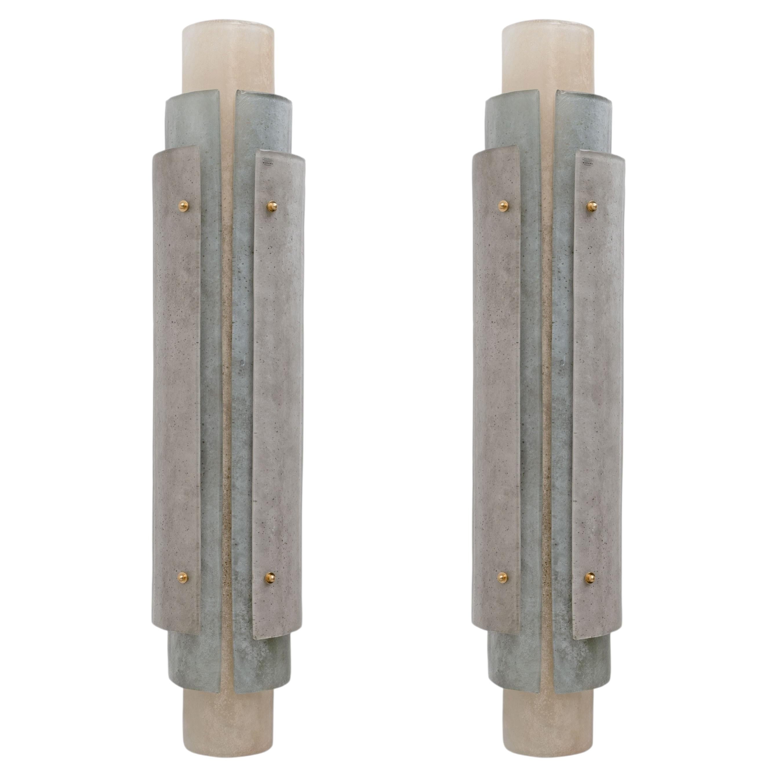 Pair of Murano Scavo Glass Wall Lamps with Brass Details