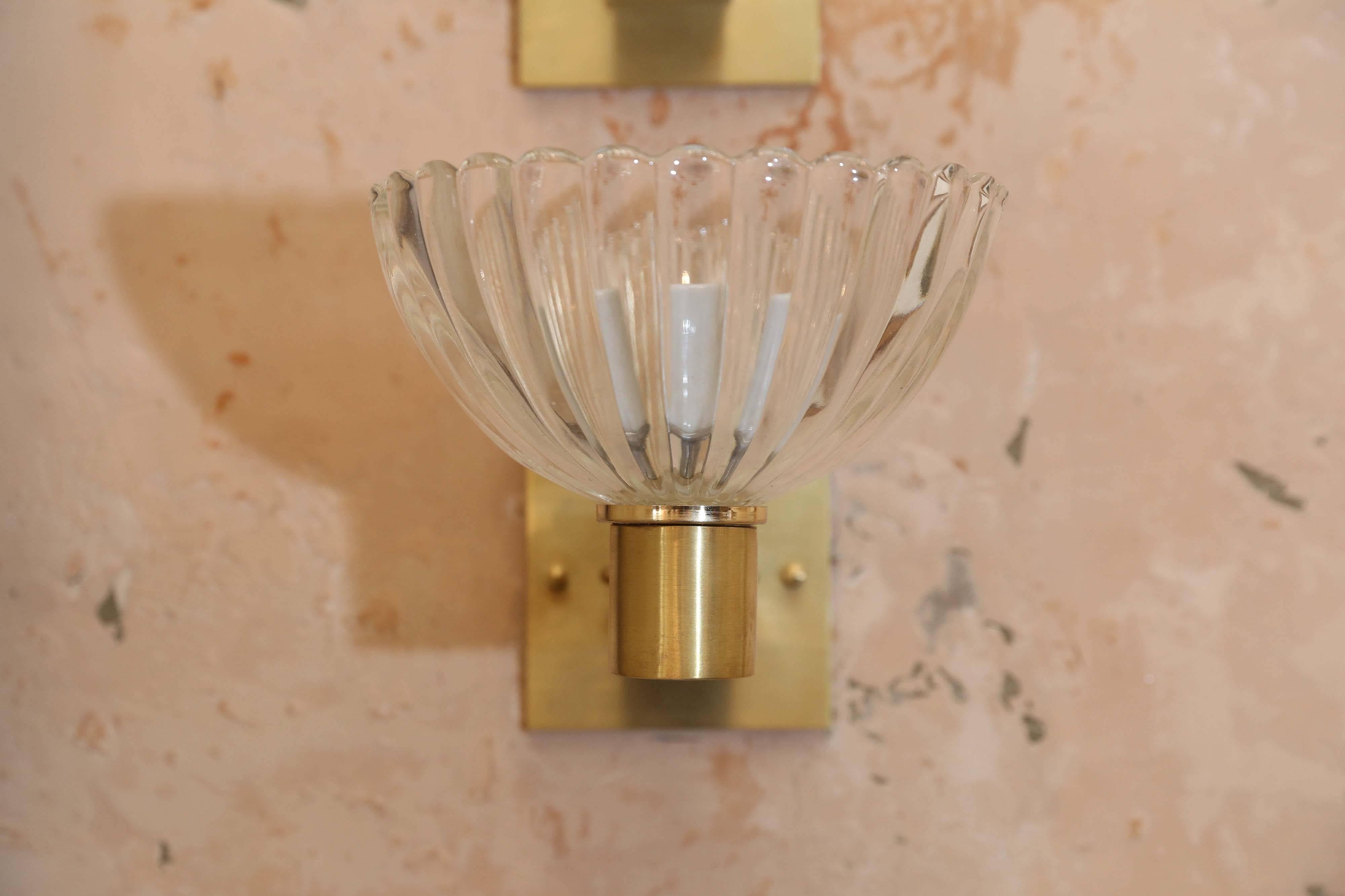 Italian Pair of Murano Clear Glass and Brass Sconces