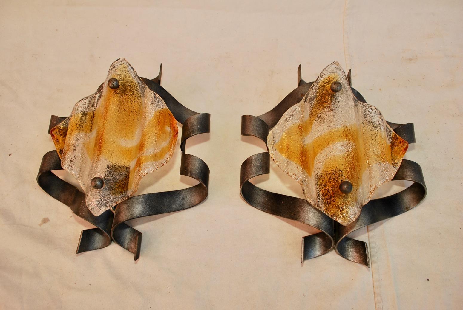 Pair of  Murano Sconces with a Rare Design by Mazzega In Good Condition For Sale In Los Angeles, CA