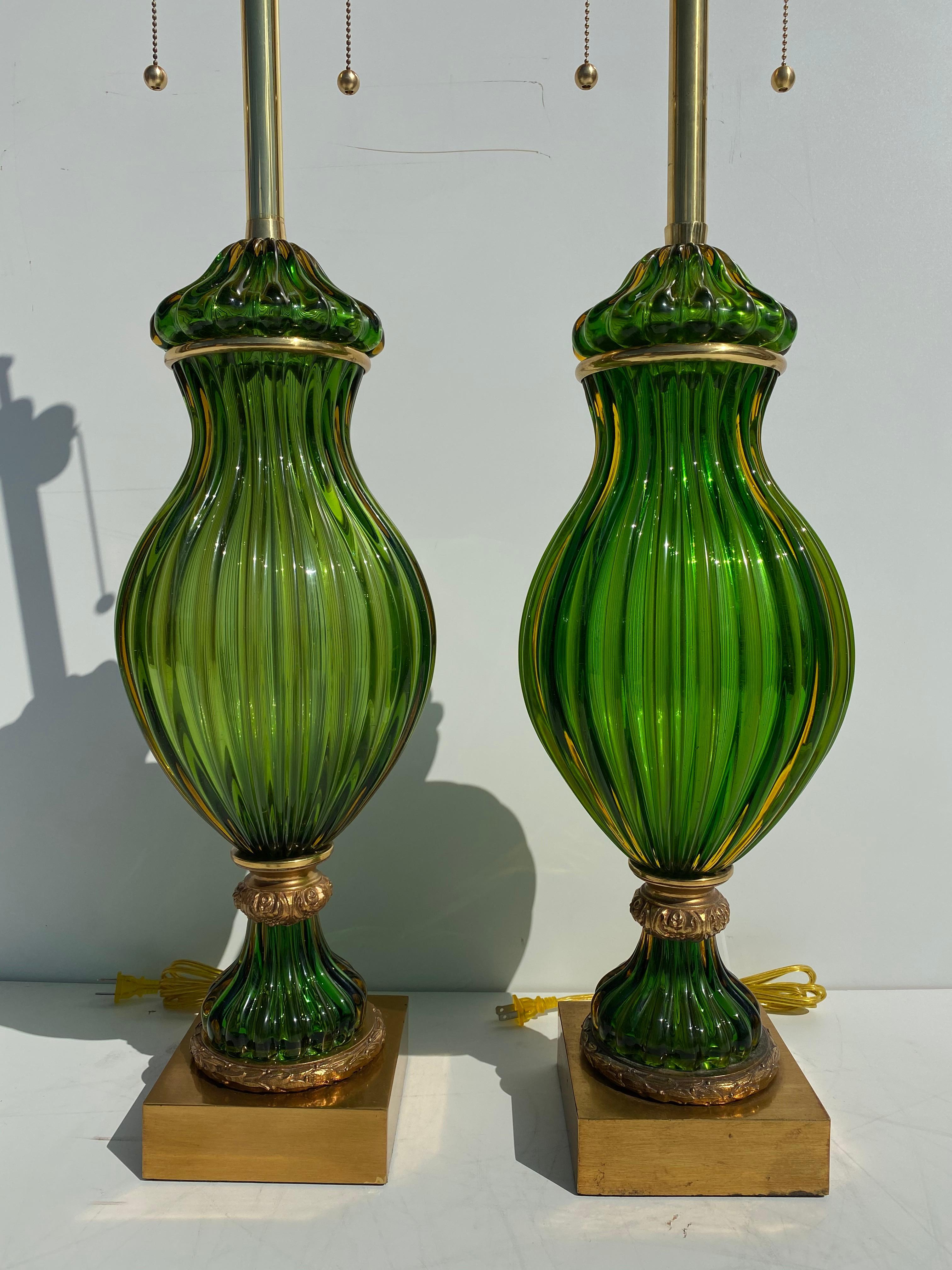 Pair of Murano Seguso green glass lamp for Marbro Mfg. Glass part is 9