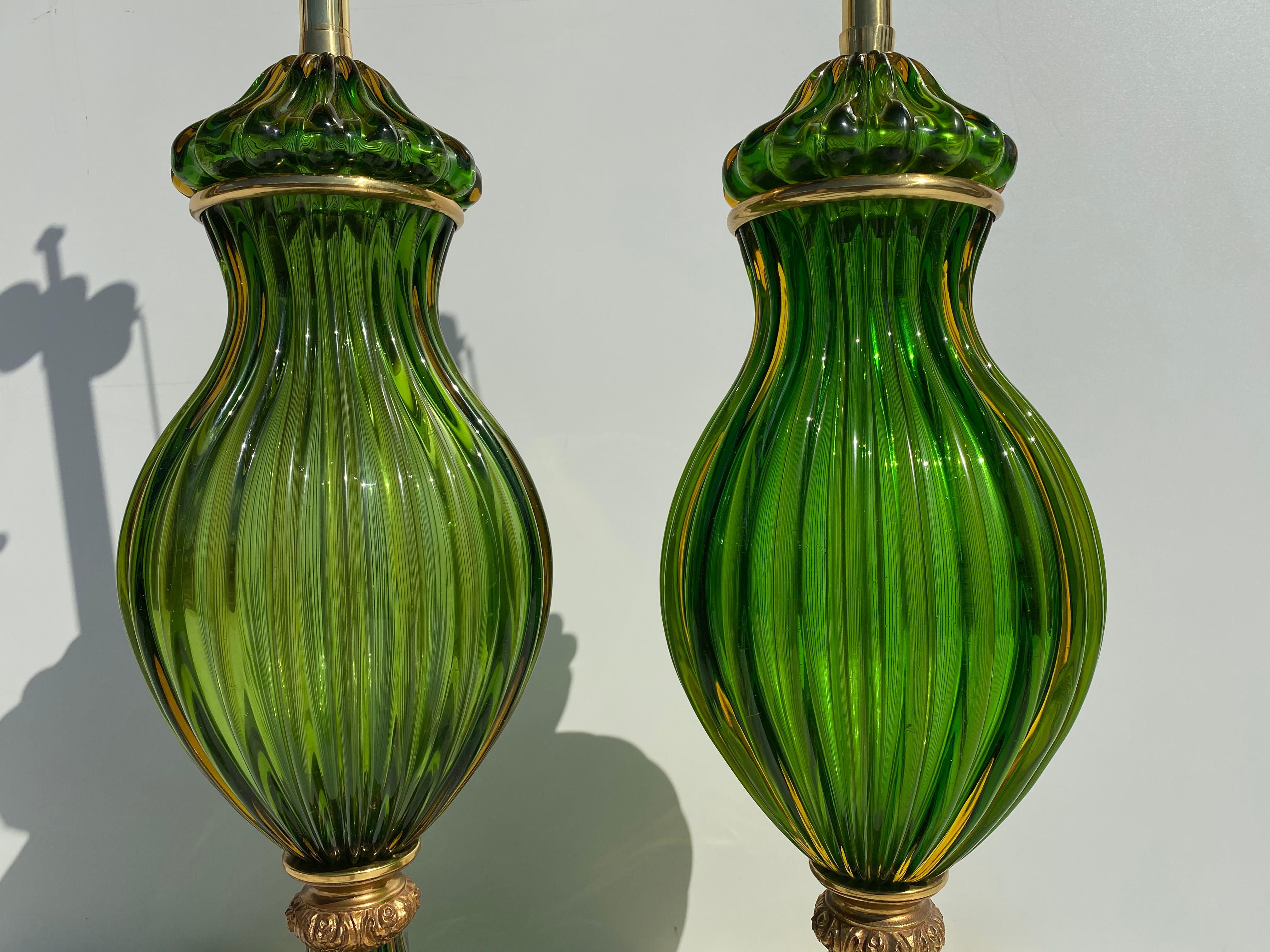 Mid-Century Modern Pair of Murano Seguso Green Glass Lamp for Marbro