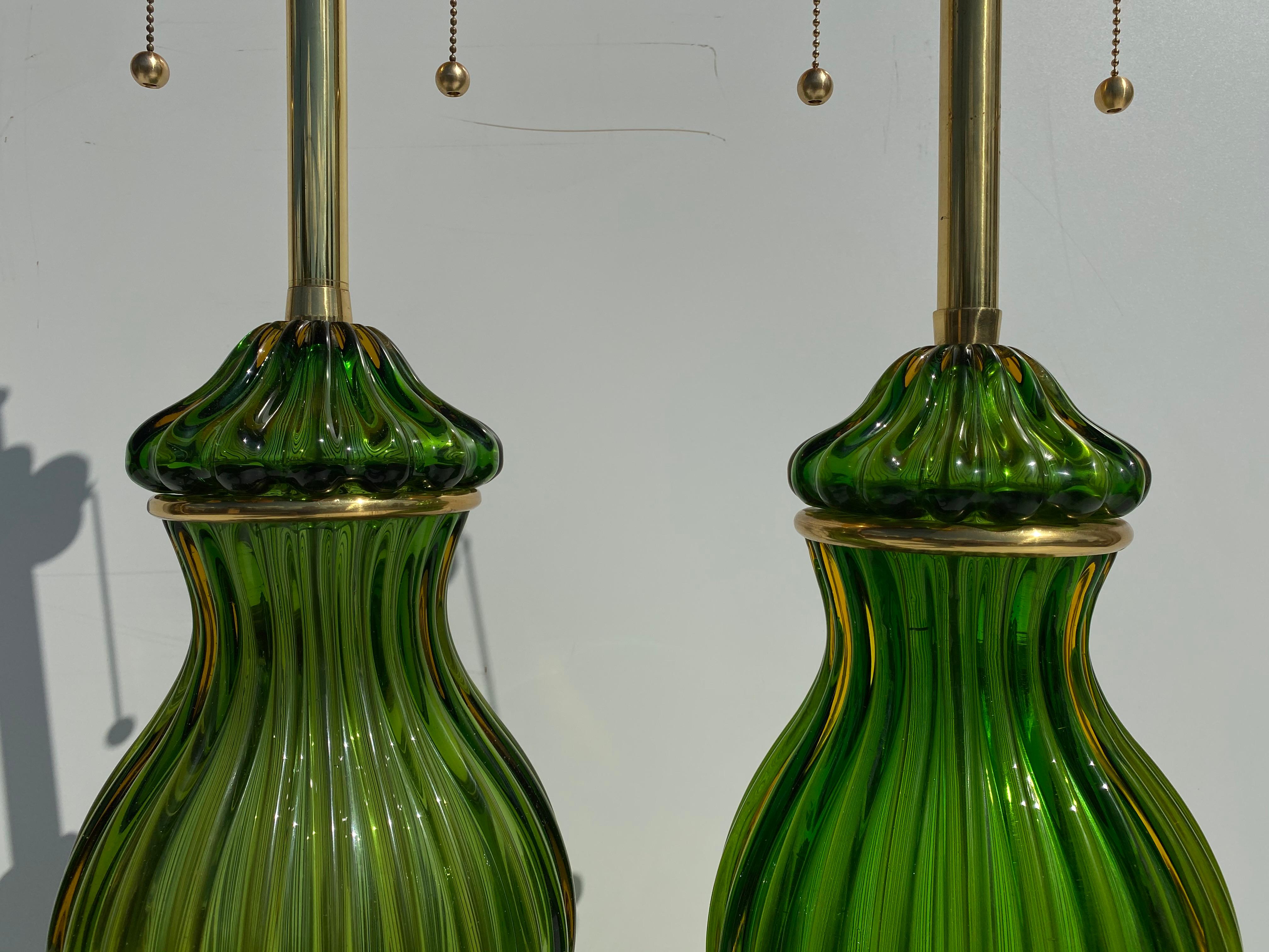 Italian Pair of Murano Seguso Green Glass Lamp for Marbro