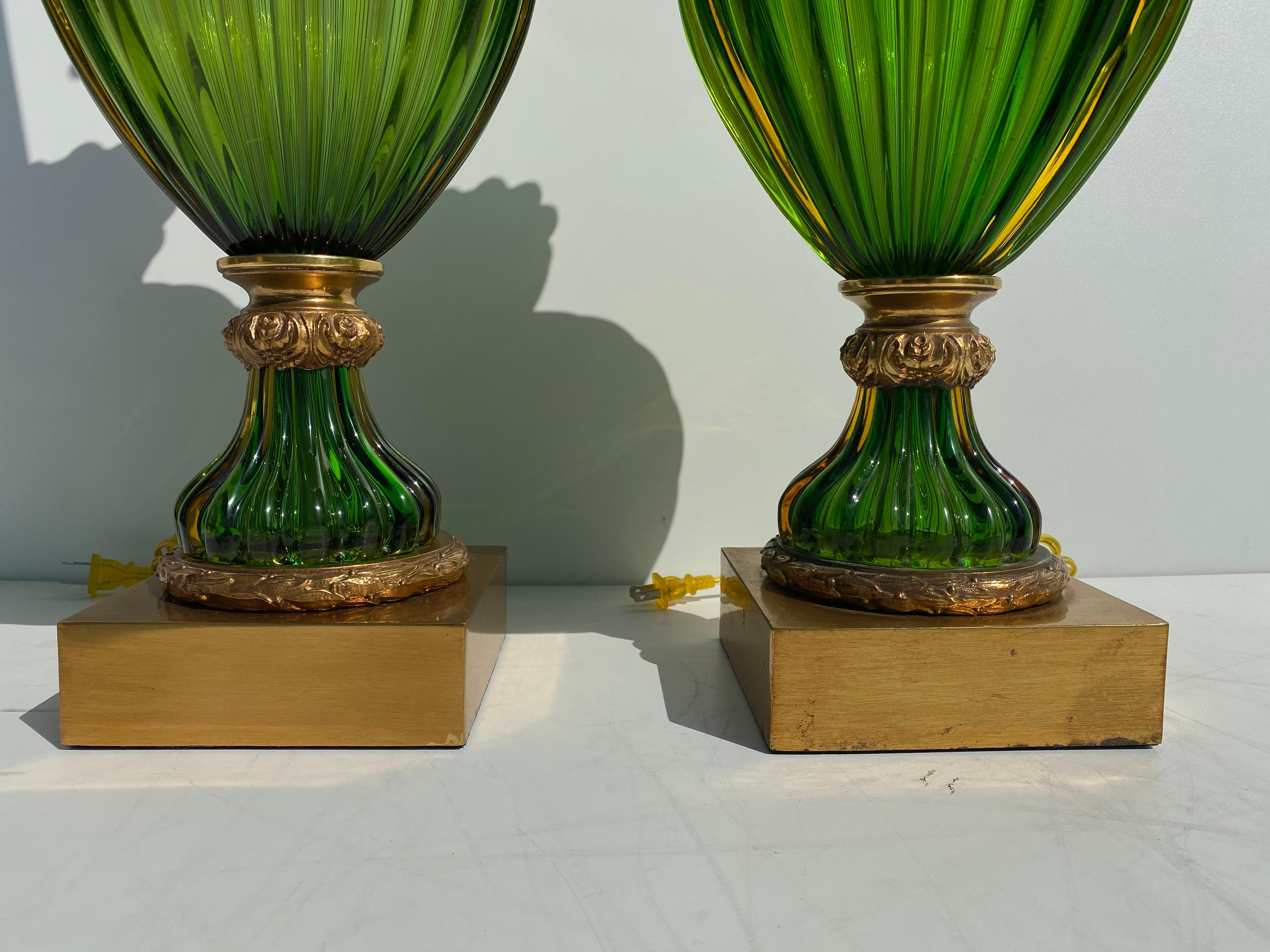 Beveled Pair of Murano Seguso Green Glass Lamp for Marbro