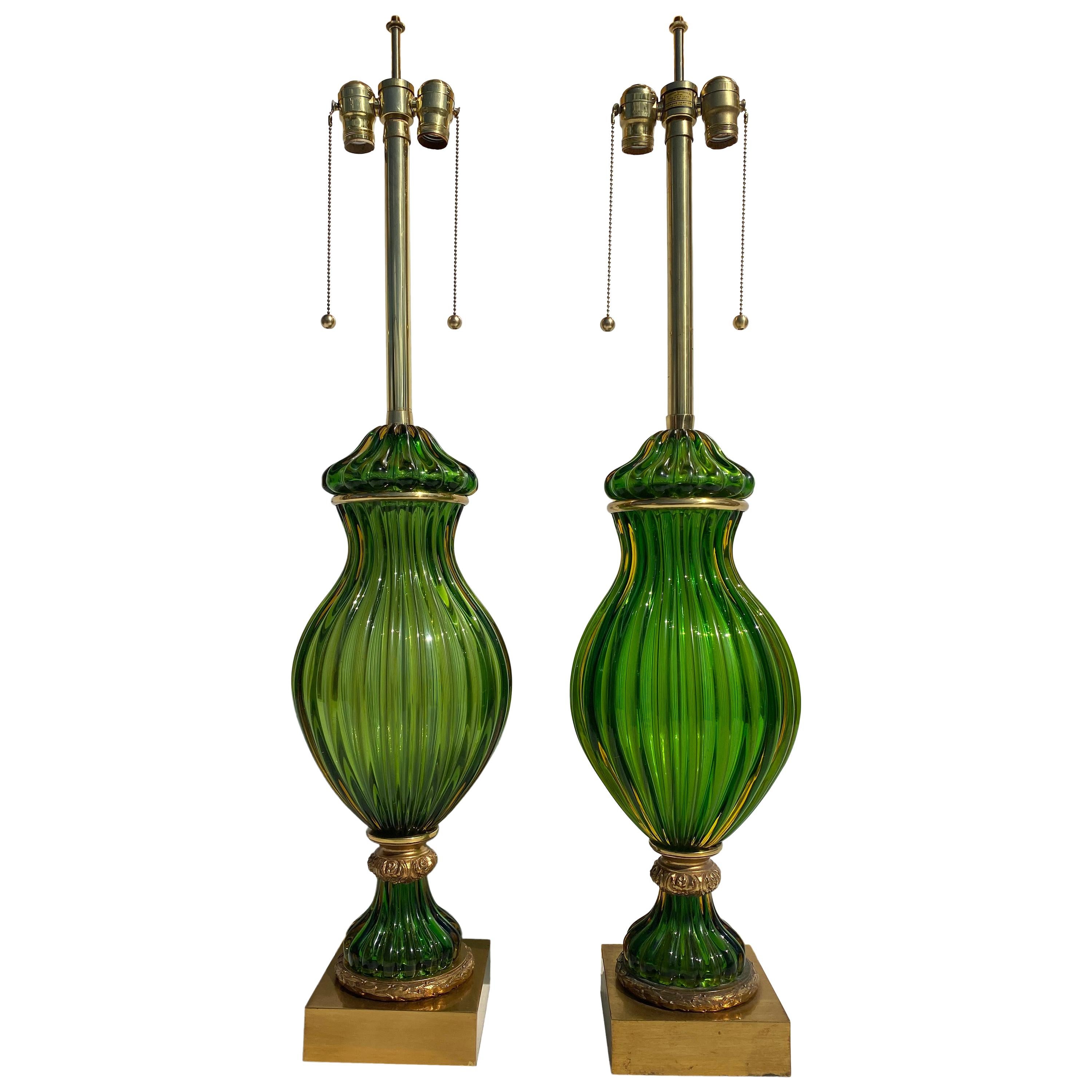 Pair of Murano Seguso Green Glass Lamp for Marbro