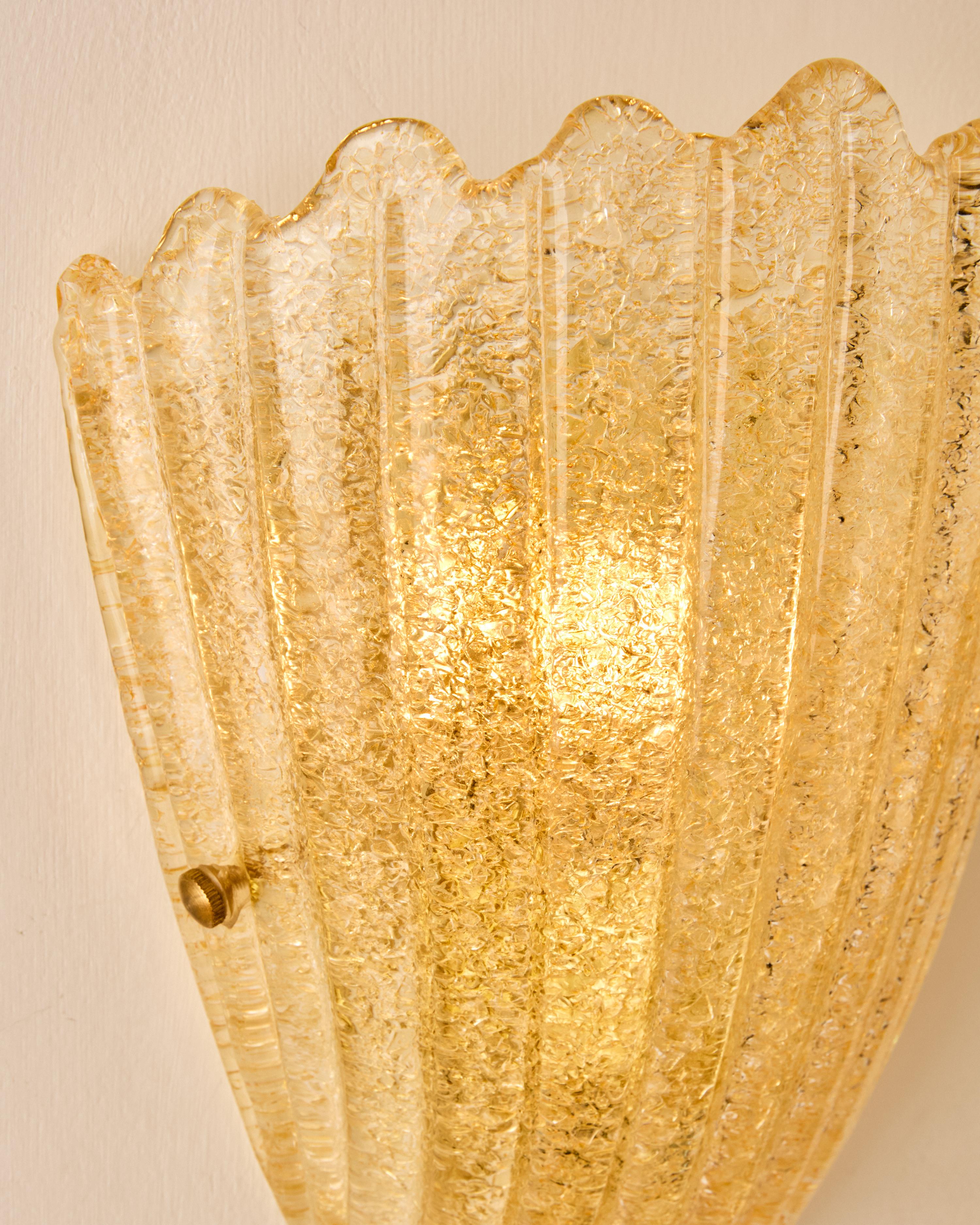 Brass Pair of Murano Shell Wall Sconces For Sale