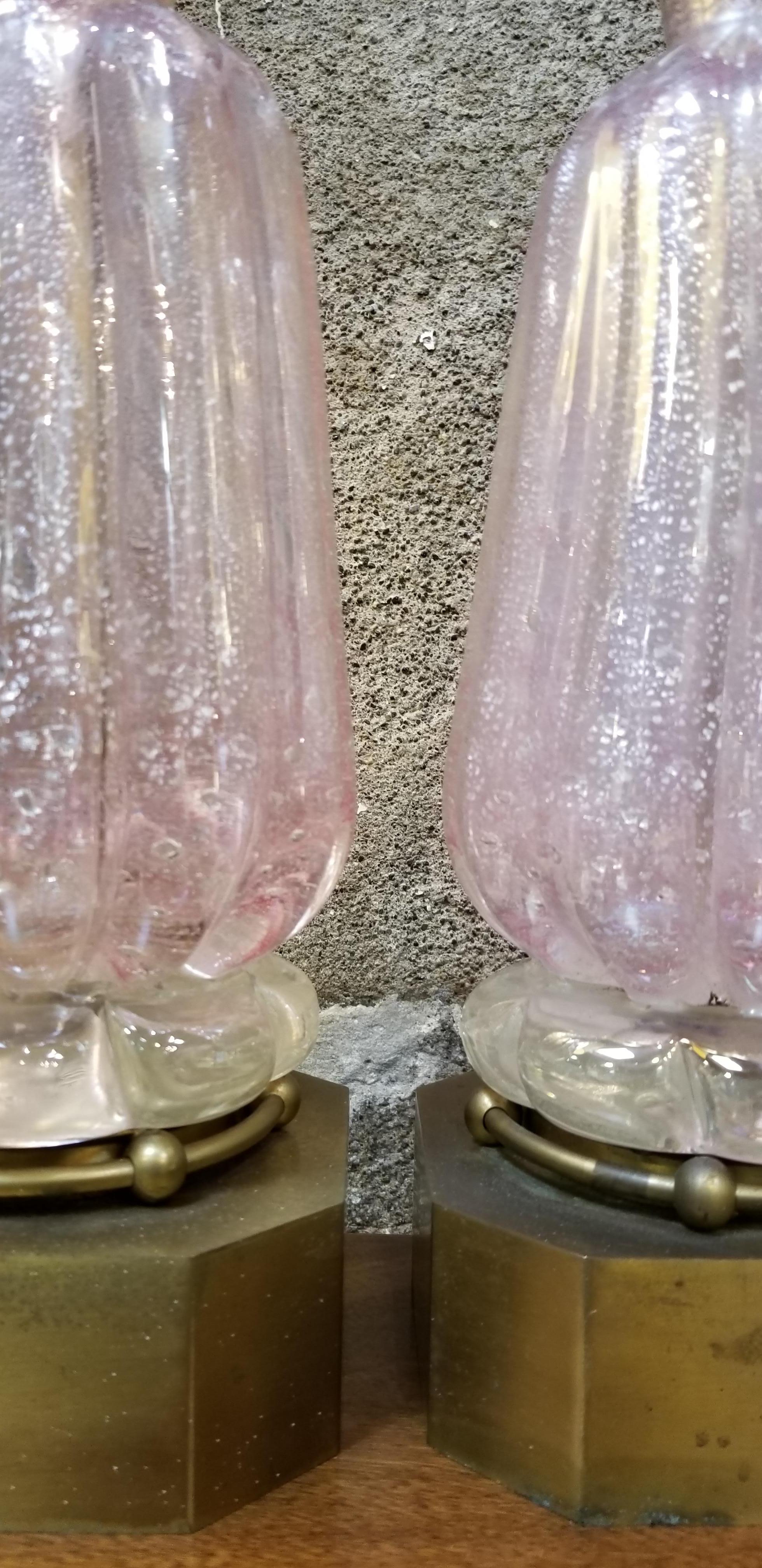 Hollywood Regency Pair of Murano Silver Leaf Hand Blown Pink Bubble Glass Table Lamps For Sale