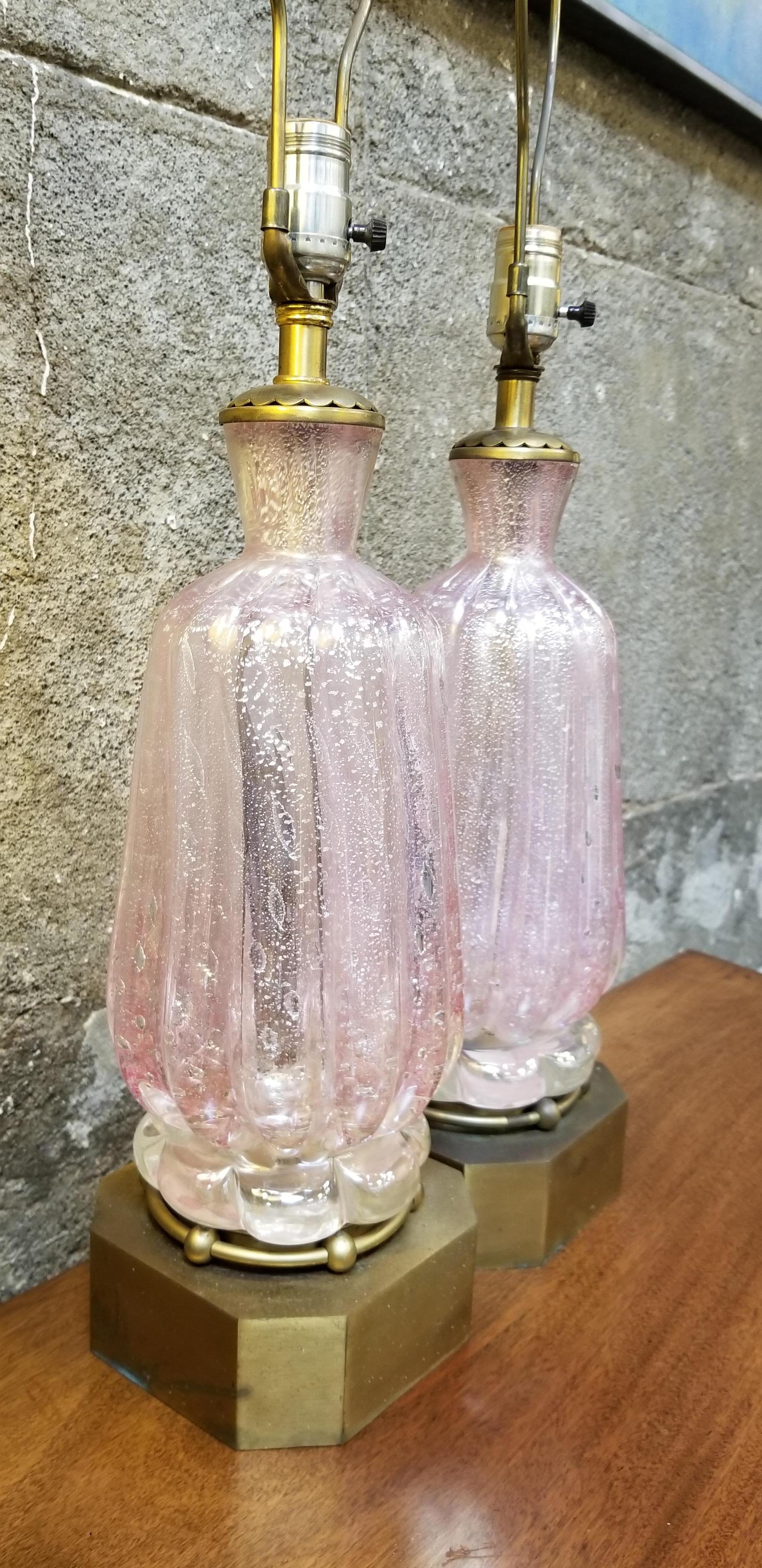 Italian Pair of Murano Silver Leaf Hand Blown Pink Bubble Glass Table Lamps For Sale