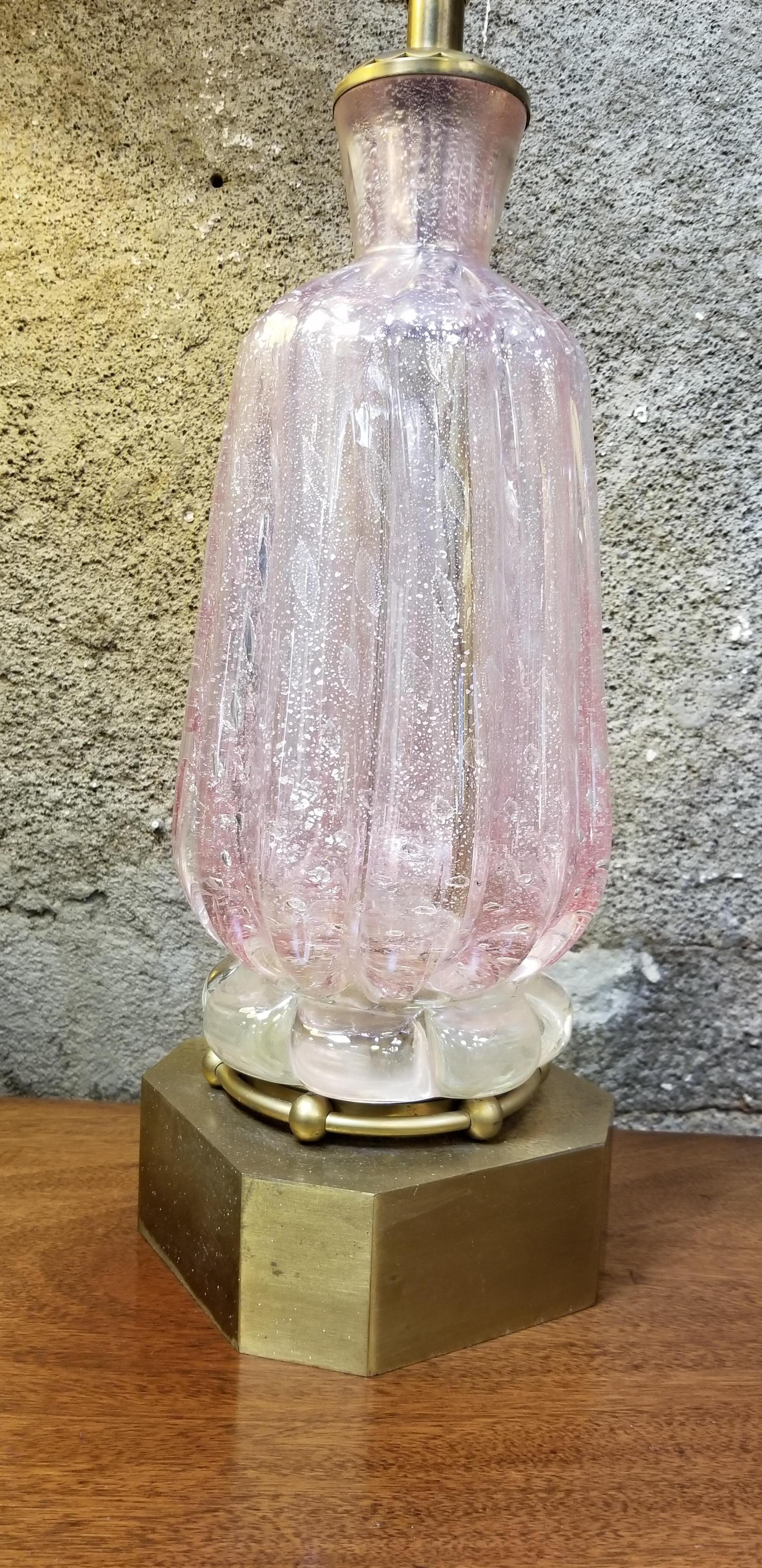 Pair of Murano Silver Leaf Hand Blown Pink Bubble Glass Table Lamps In Good Condition For Sale In Fulton, CA