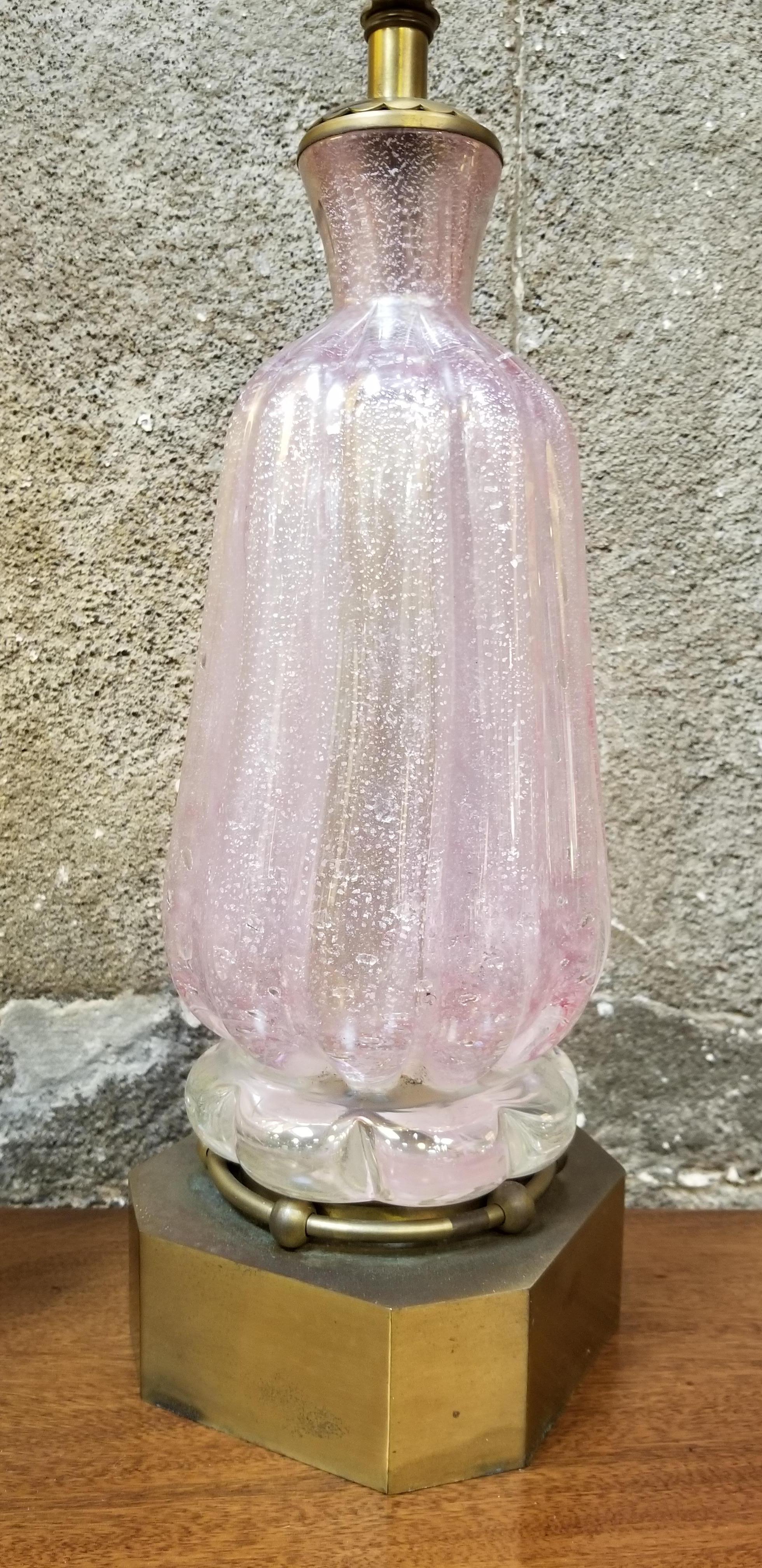 20th Century Pair of Murano Silver Leaf Hand Blown Pink Bubble Glass Table Lamps For Sale