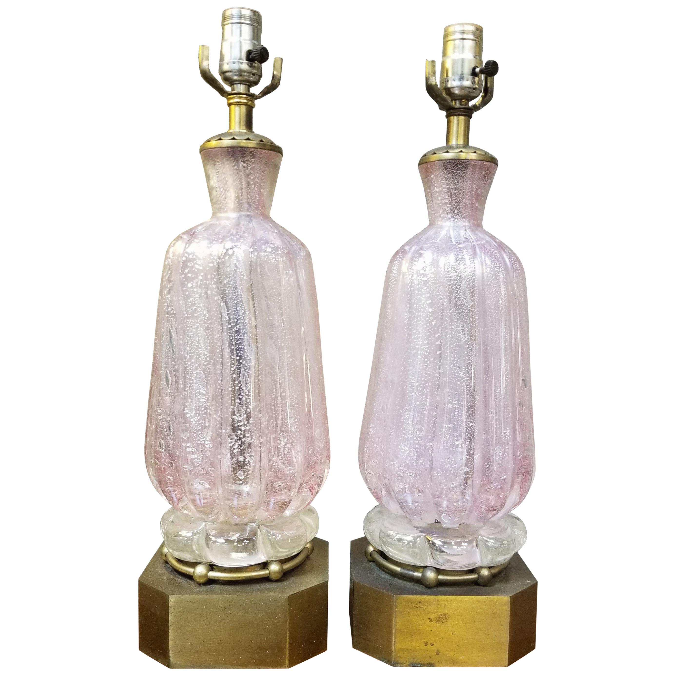 Pair of Murano Silver Leaf Hand Blown Pink Bubble Glass Table Lamps im Angebot