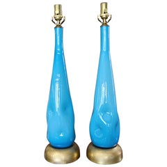 Pair Murano Blue Glass Table Lamps