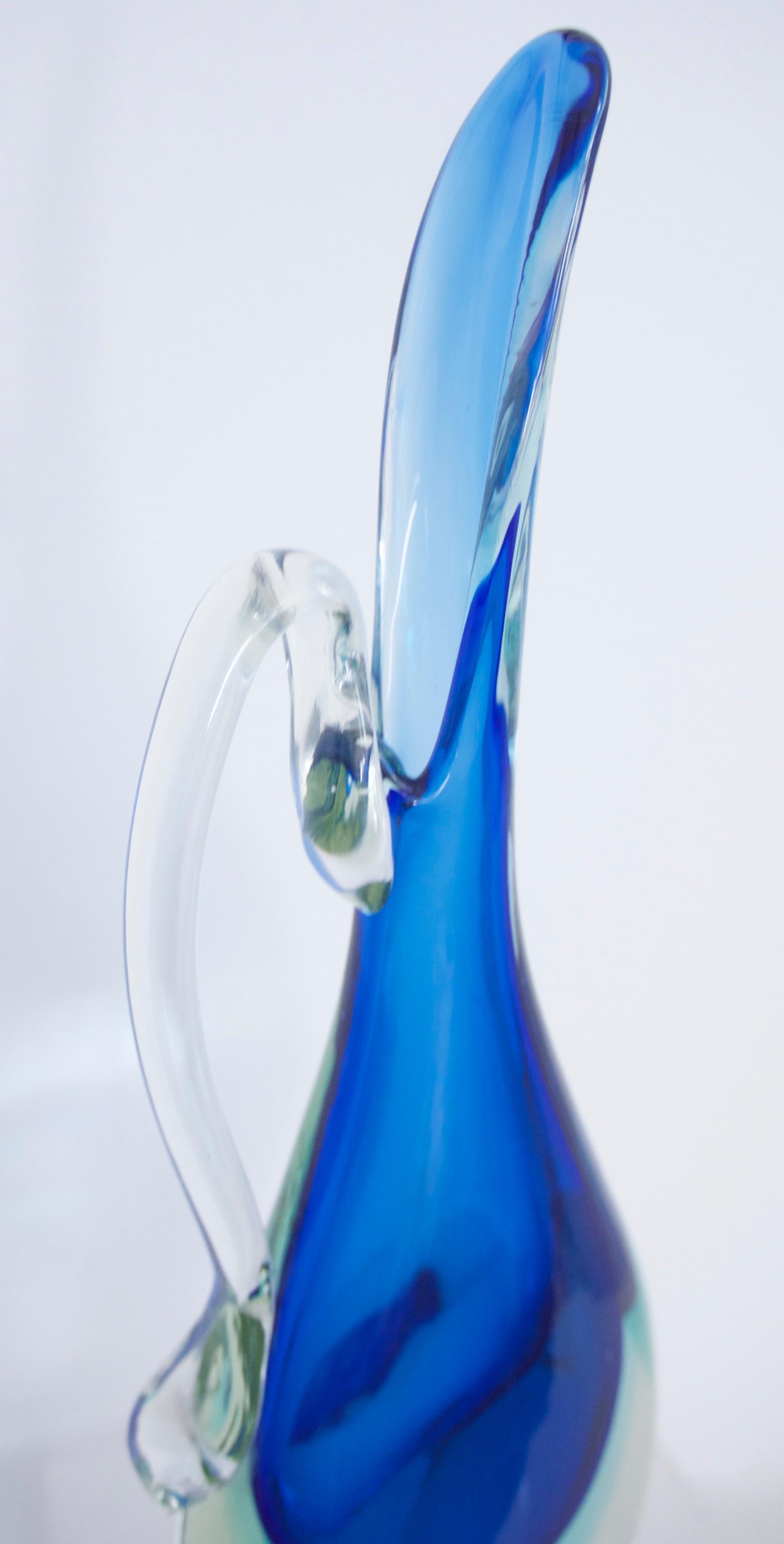 Pair of Murano Sommerso Glass Vases/Pitchers in Layered Shades of Blue, 1980s In Good Condition For Sale In Halstead, GB