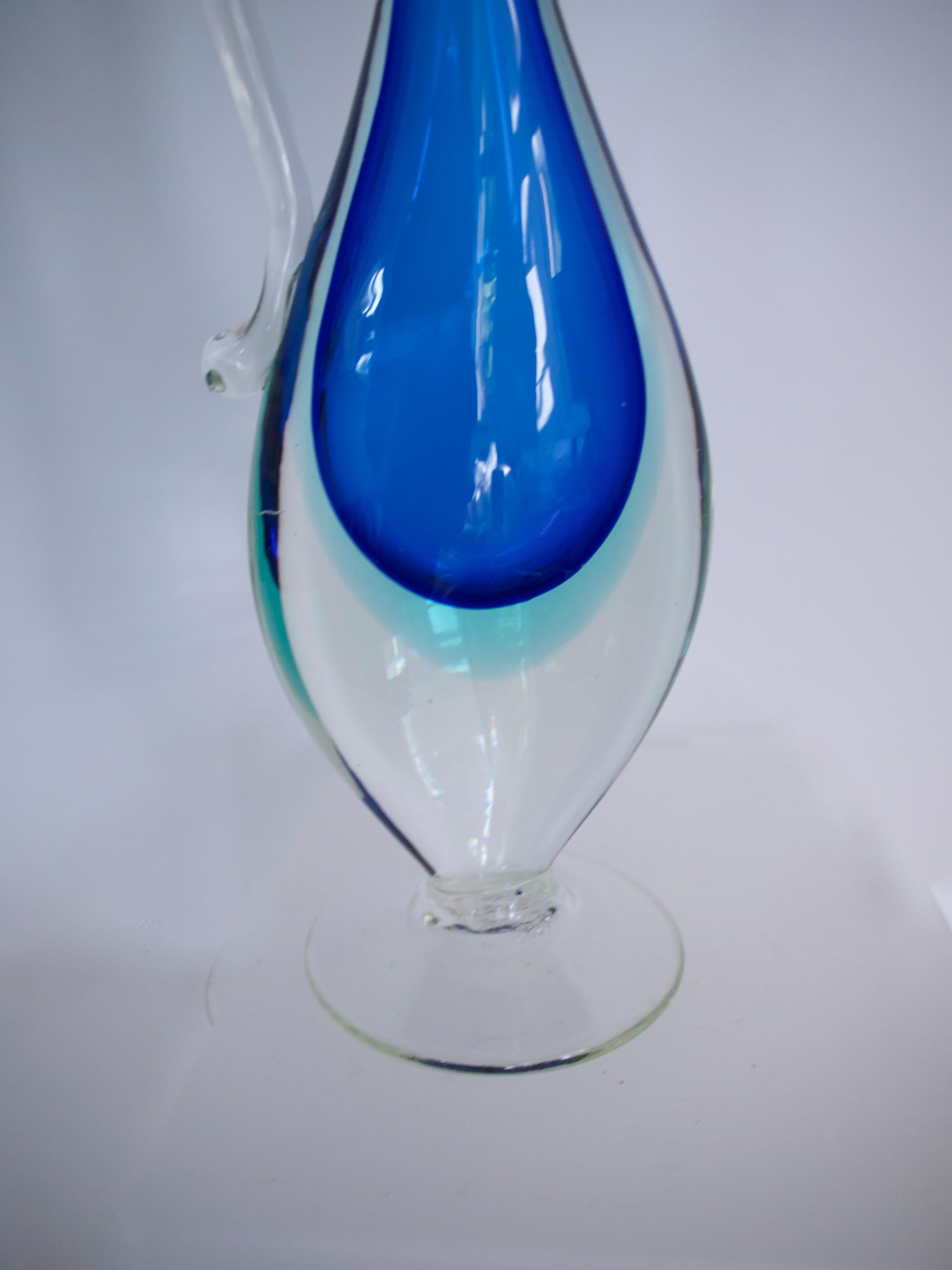 Late 20th Century Pair of Murano Sommerso Glass Vases/Pitchers in Layered Shades of Blue, 1980s For Sale