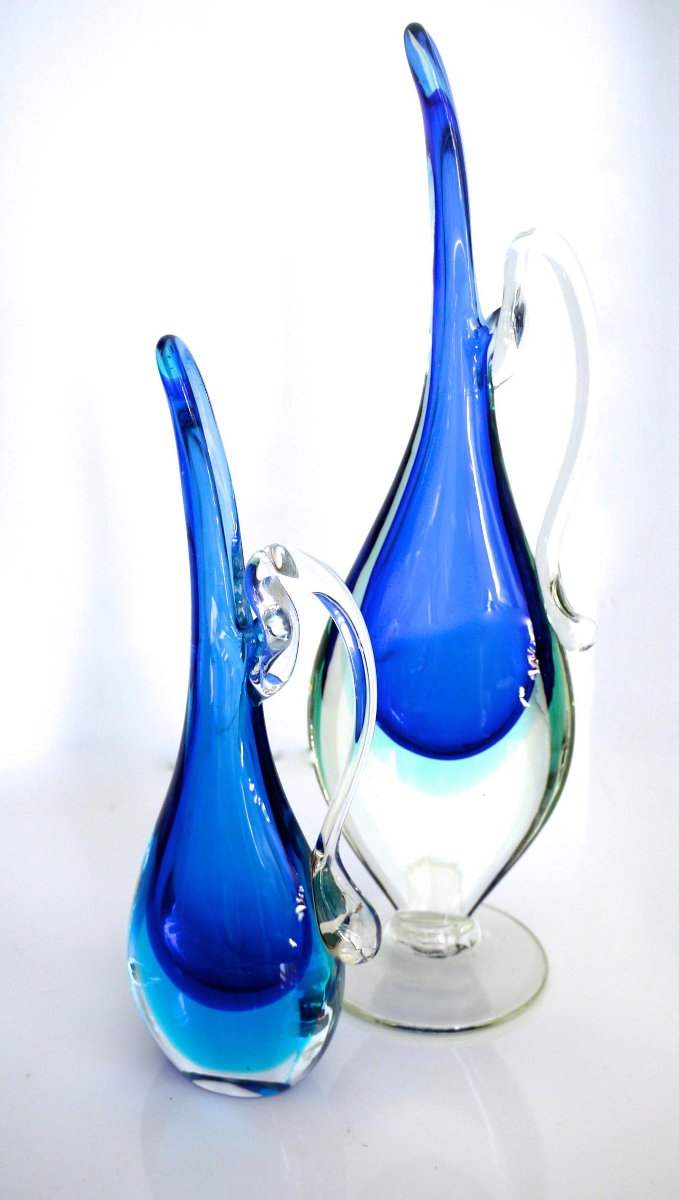 Pair of Murano Sommerso Glass Vases/Pitchers in Layered Shades of Blue, 1980s For Sale 3