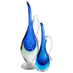 Pair of Murano Sommerso Glass Vases/Pitchers in Layered Shades of Blue, 1980s
