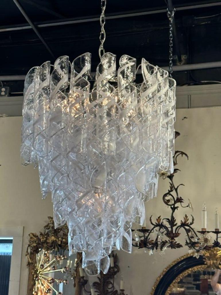 Pair of Murano Spiral Tube Waterfall Chandeliers In Good Condition In Dallas, TX