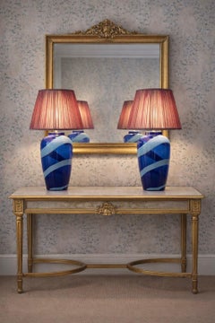 Pair of Murano Style Hand-Blown Cobalt Blue & Lattimo Ribbon Glass Lamps