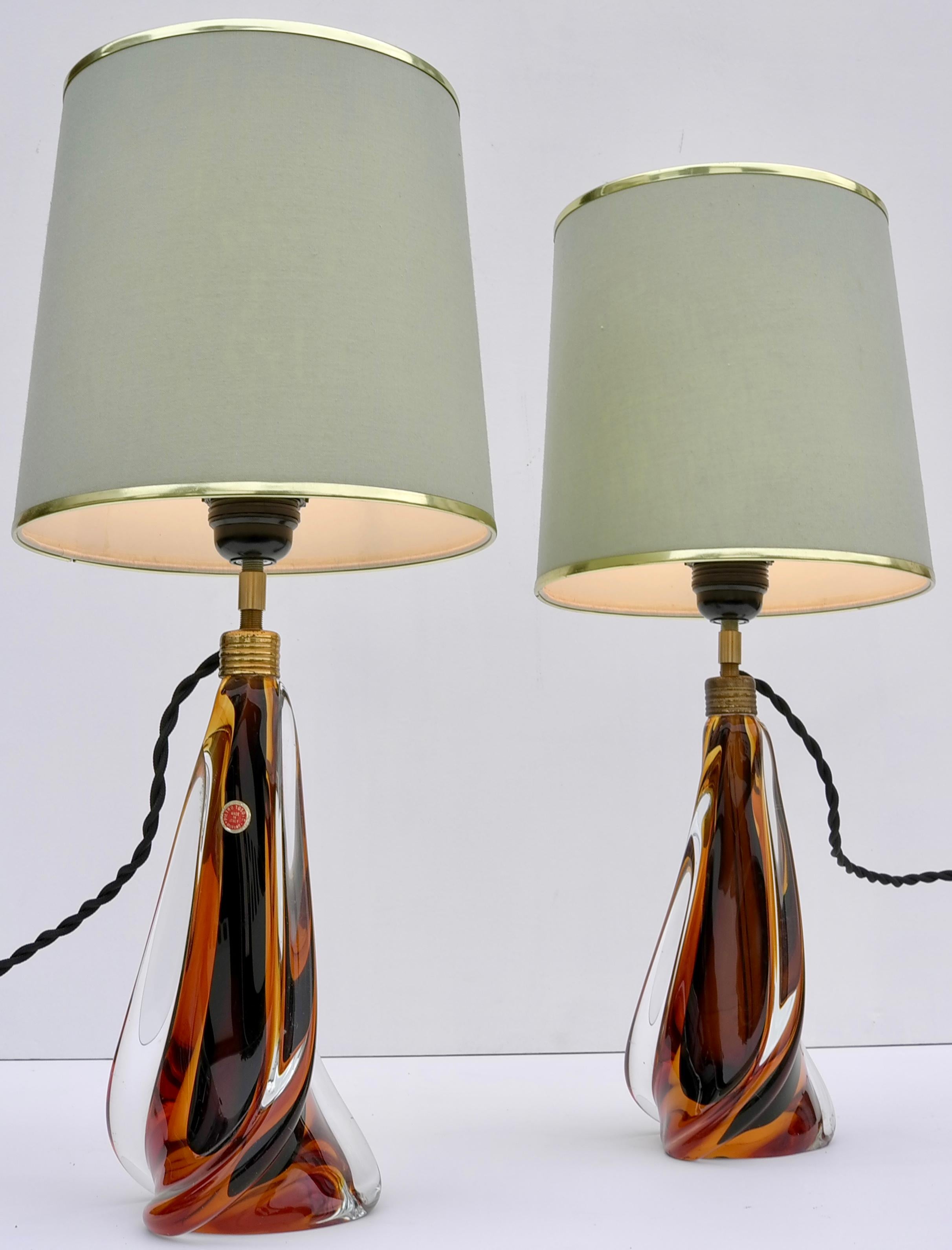 Paire de lampes de table Murano par Pietro Toso & Co en verre ambré, Italie années 1950.