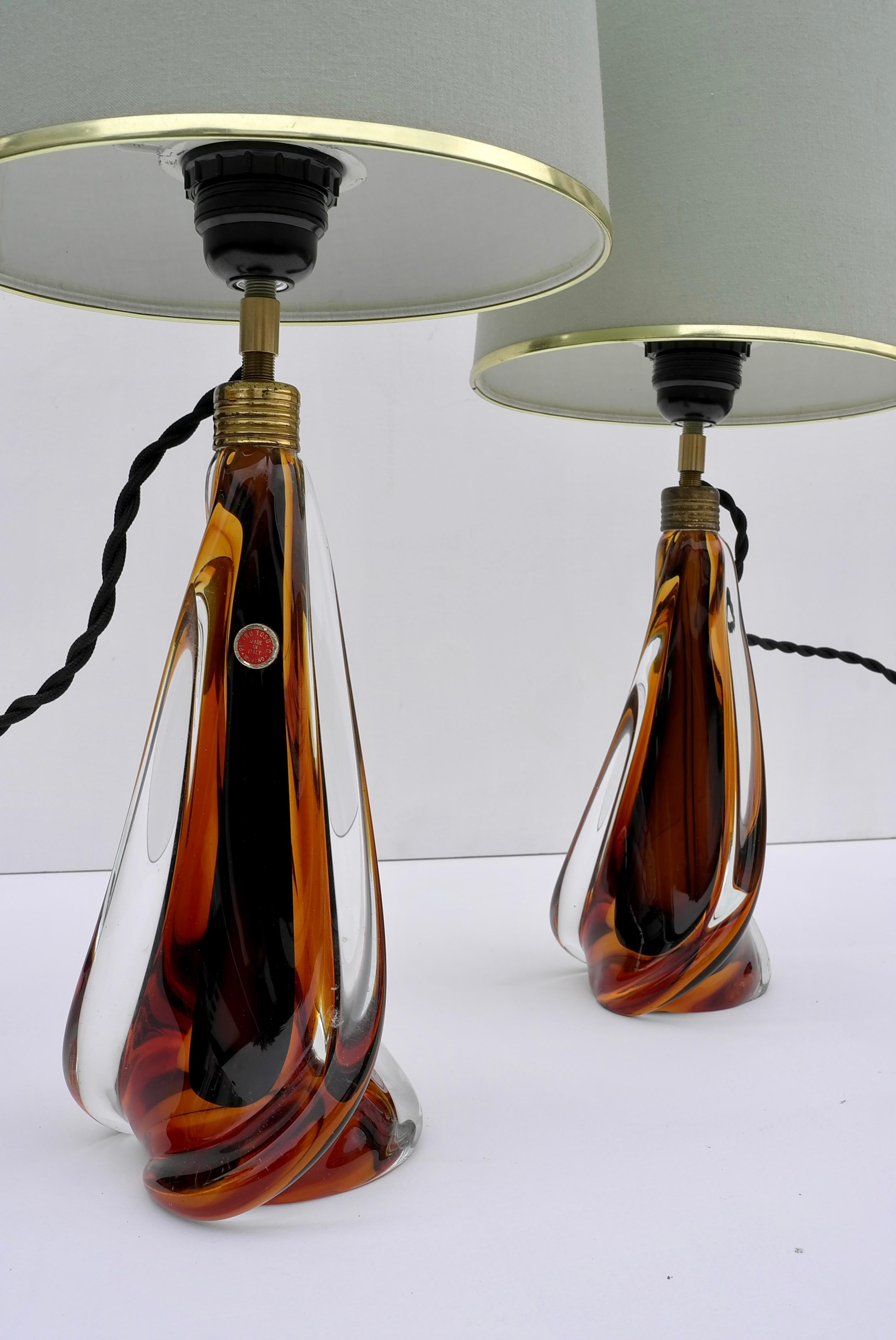 Mid-Century Modern Paire de lampes de table de Murano par Pietro Toso & Co en verre ambré, Italie, années 1950 en vente