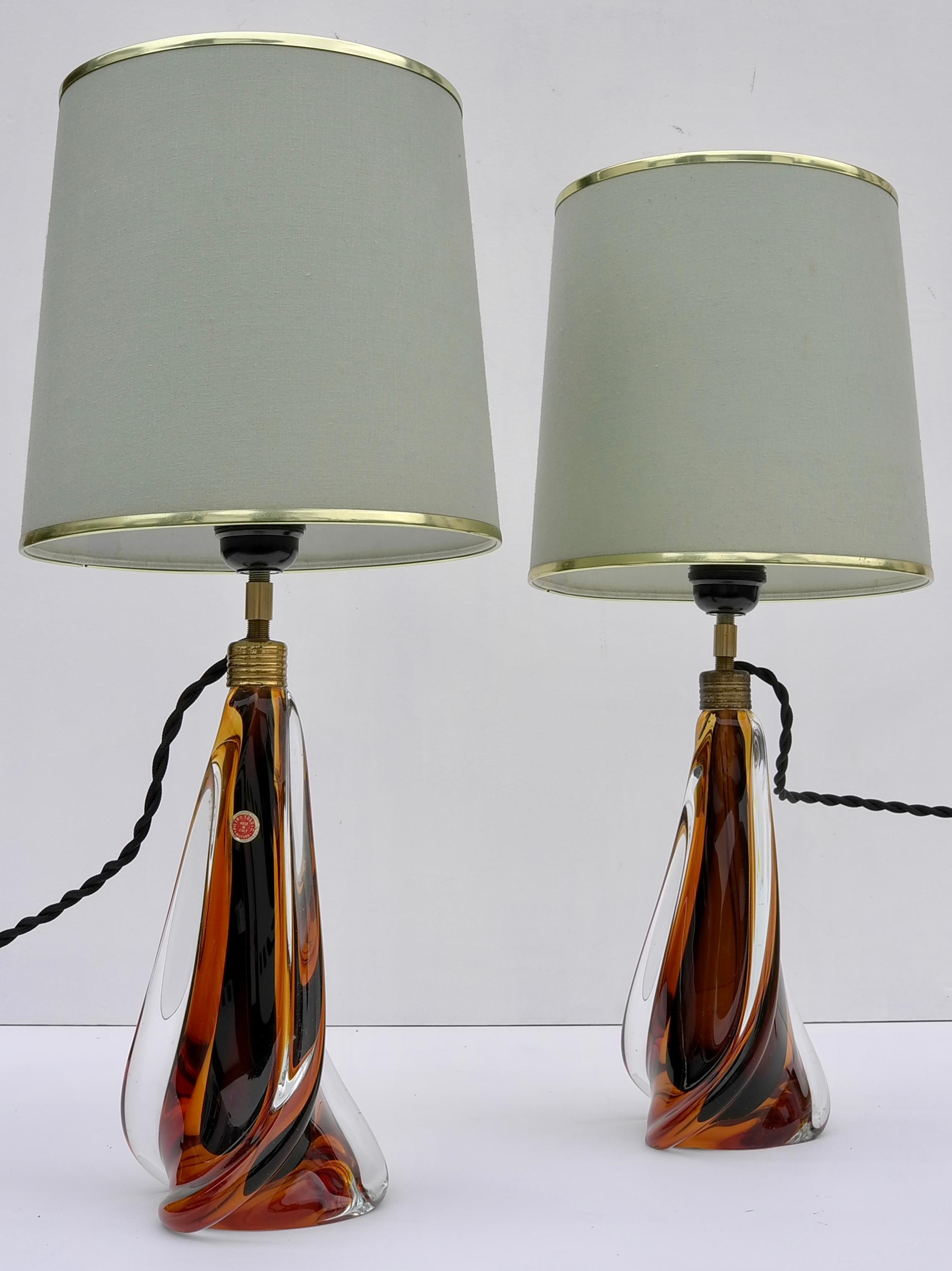 italien Paire de lampes de table de Murano par Pietro Toso & Co en verre ambré, Italie, années 1950 en vente