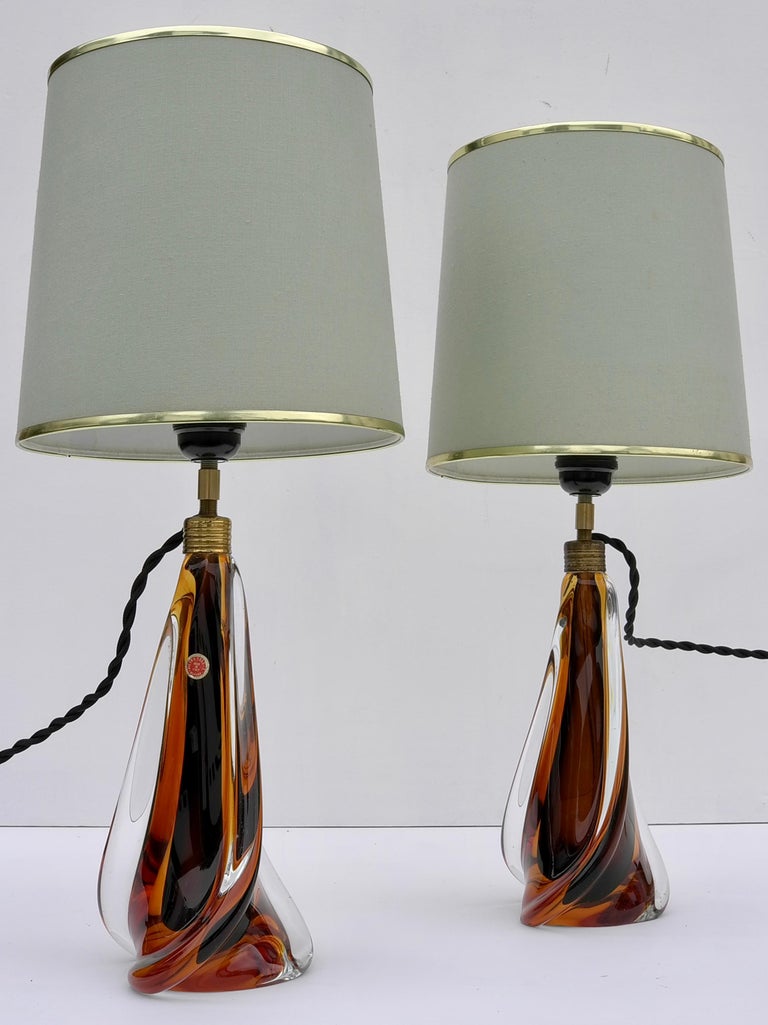 Pair of Murano table lamps by Pietro Toso and Co in Amber Glass, Italy  1950's For Sale at 1stDibs