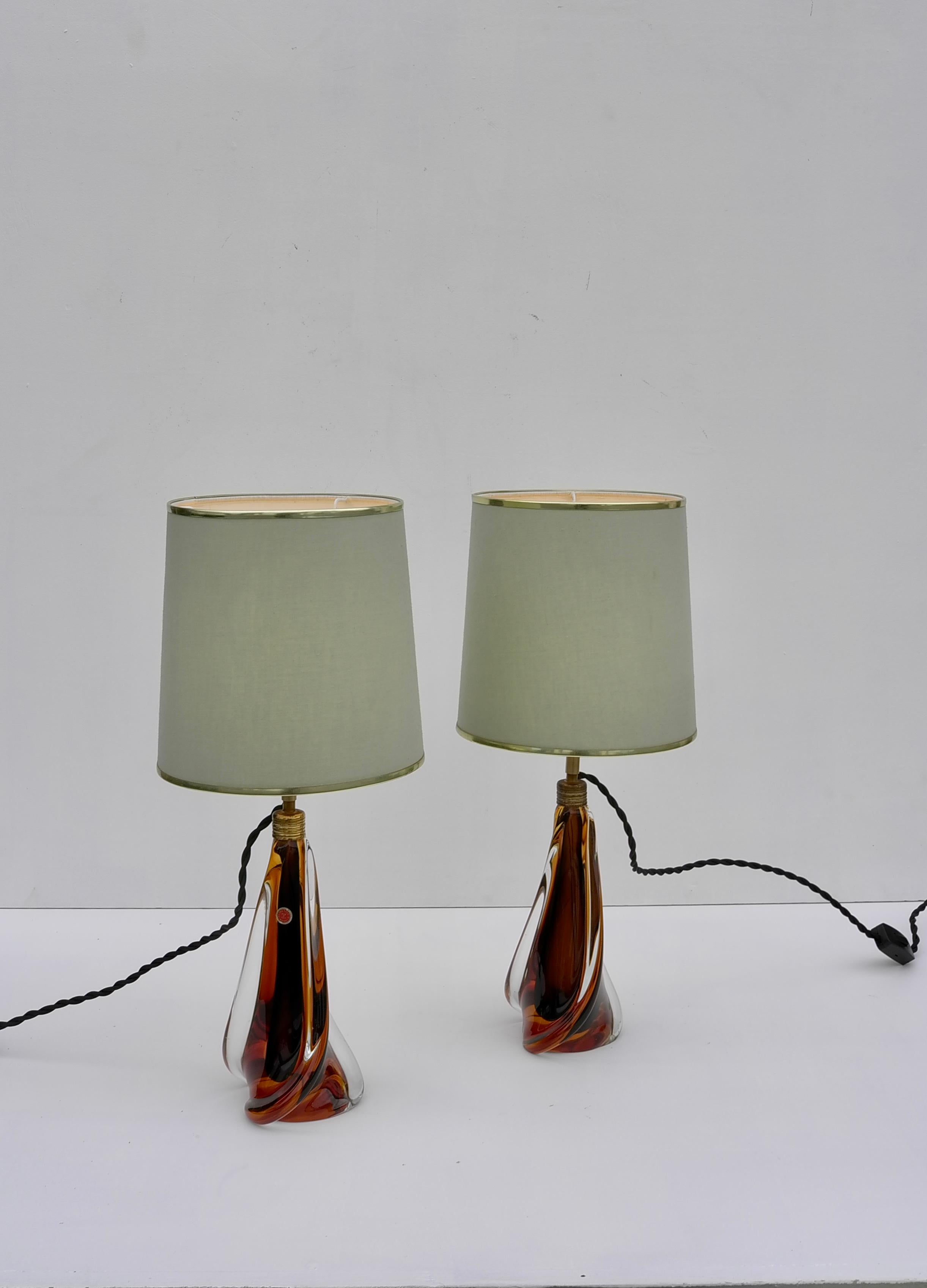 Mid-Century Modern Pair of Murano table lamps by Pietro Toso & Co in Amber Glass, Italy 1950's For Sale