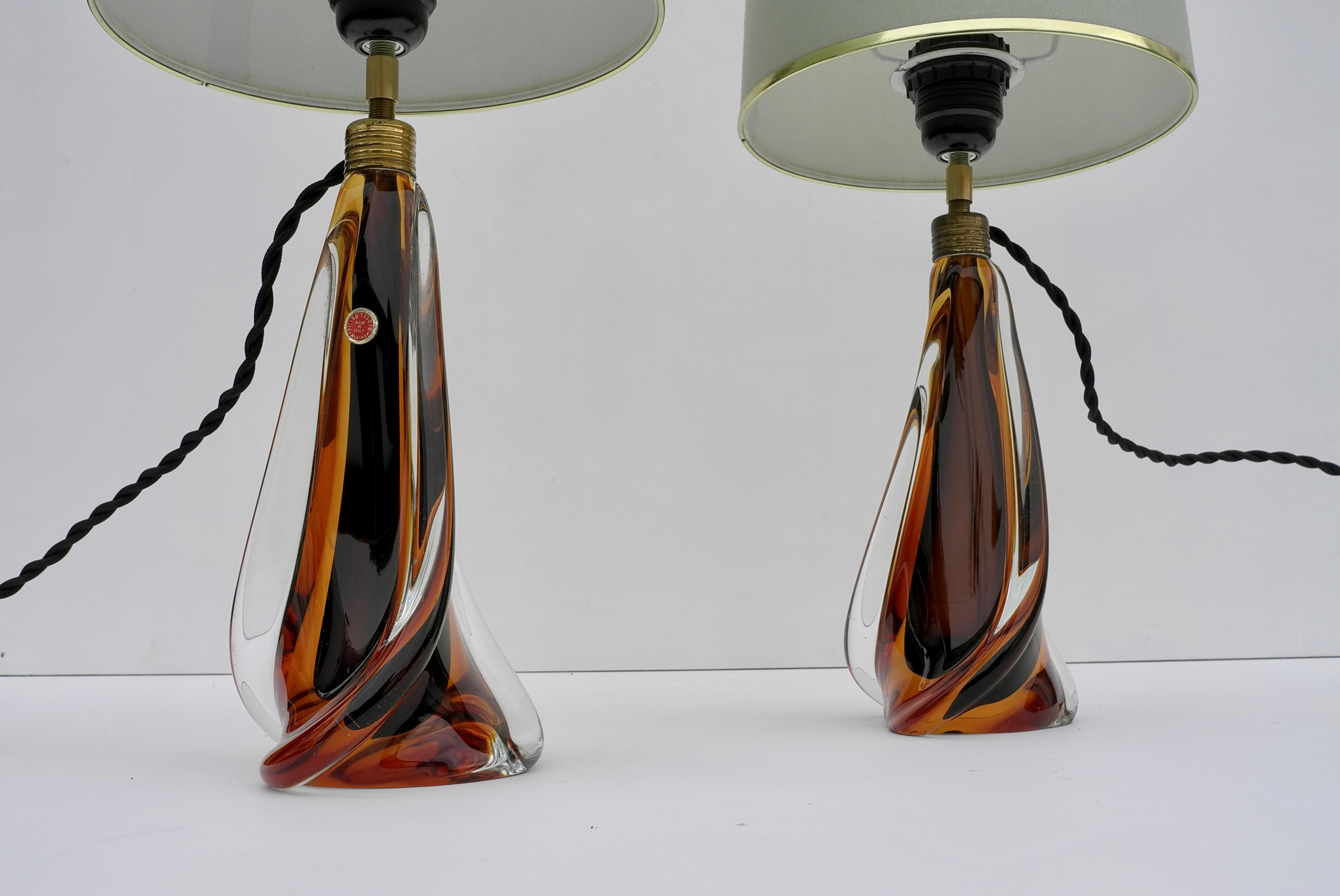 Paire de lampes de table de Murano par Pietro Toso & Co en verre ambré, Italie, années 1950 en vente 1