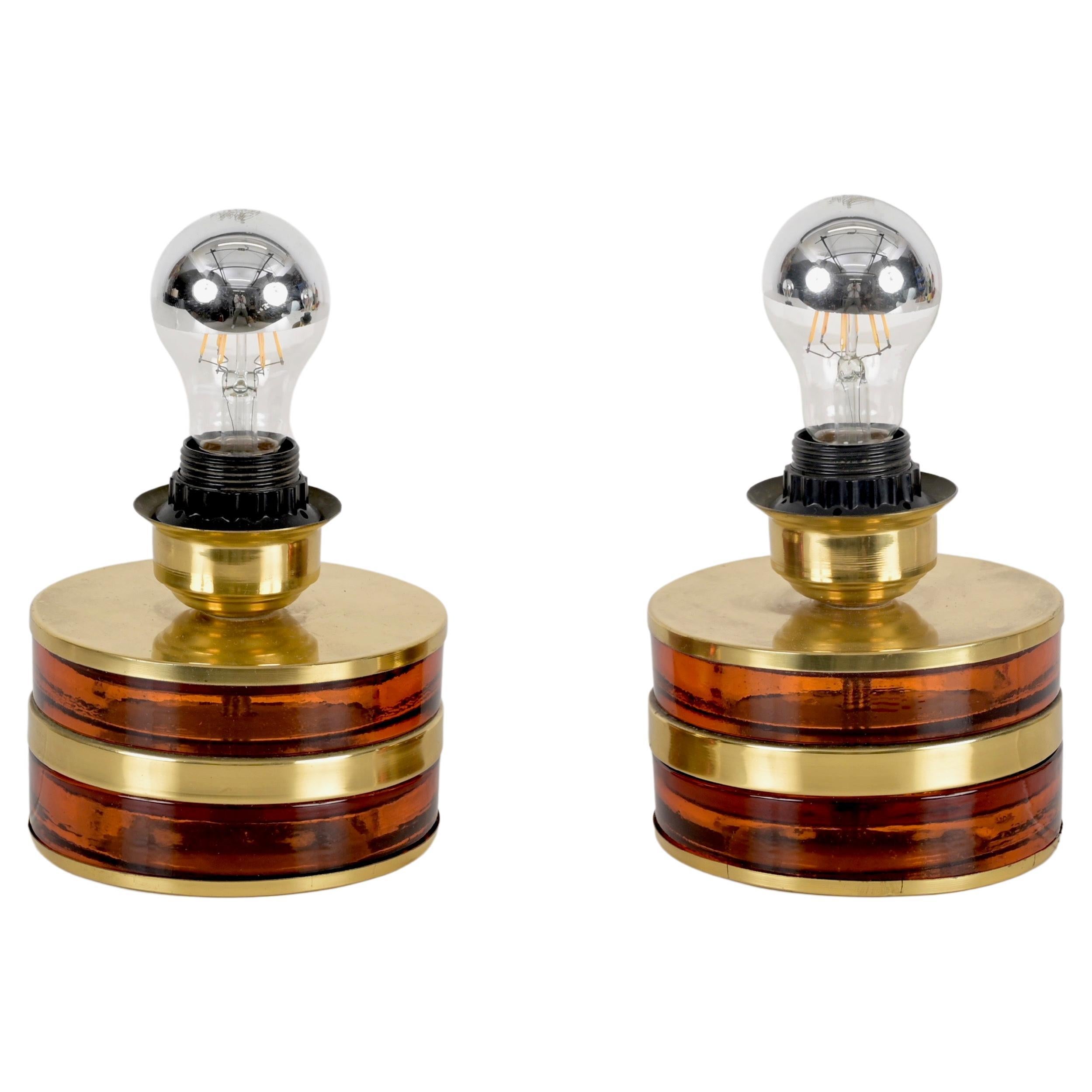 Pair of Murano Table lamps in Amber Glass and Brass, Italy, 1970s