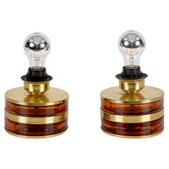 Retro Pair of Murano Table lamps in Amber Glass and Brass, Italy, 1970s