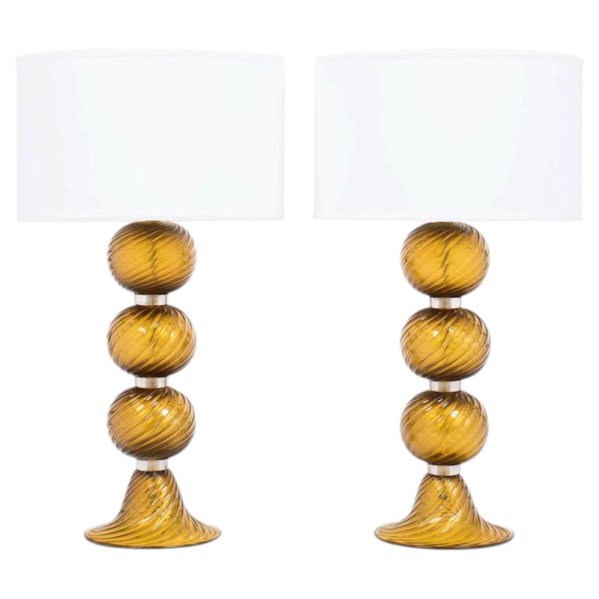 Pair of Murano Tobacco "Avventurina" Glass Table Lamps