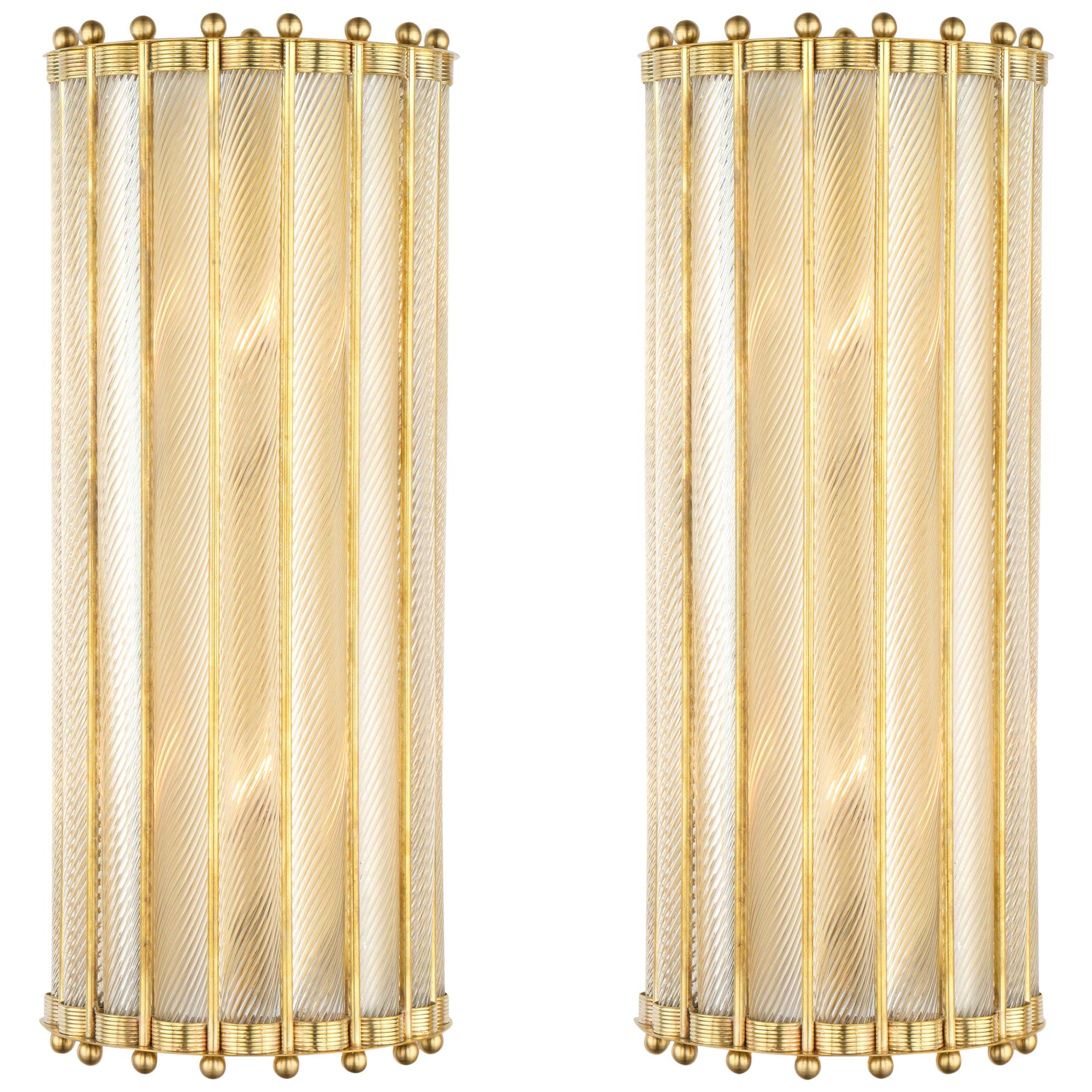 Pair of Murano Torsado Glass and Brass Wall Sconces For Sale