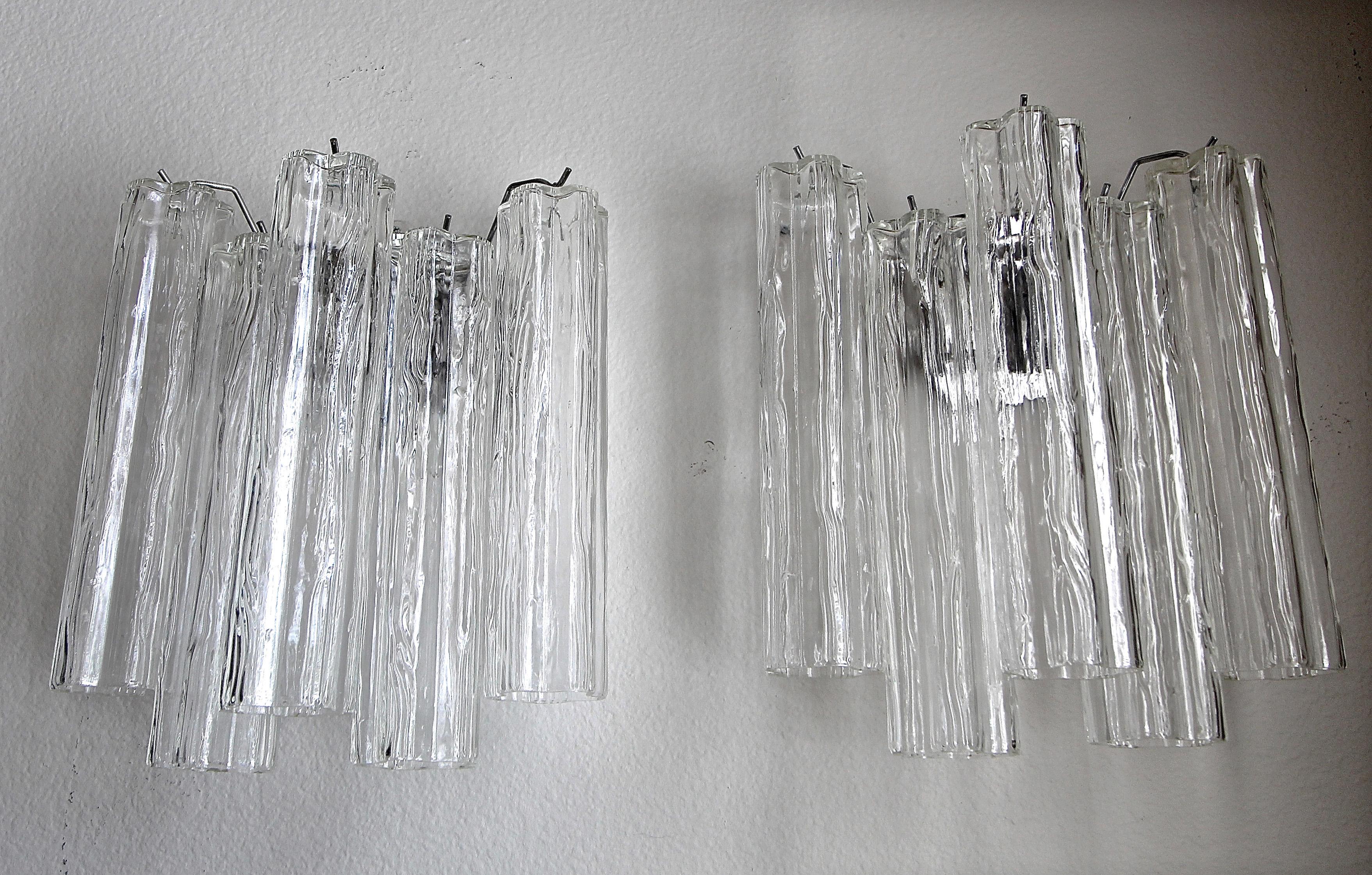 Pair of Murano Tronchi Glass Tube Wall Sconces In Good Condition In Palm Springs, CA