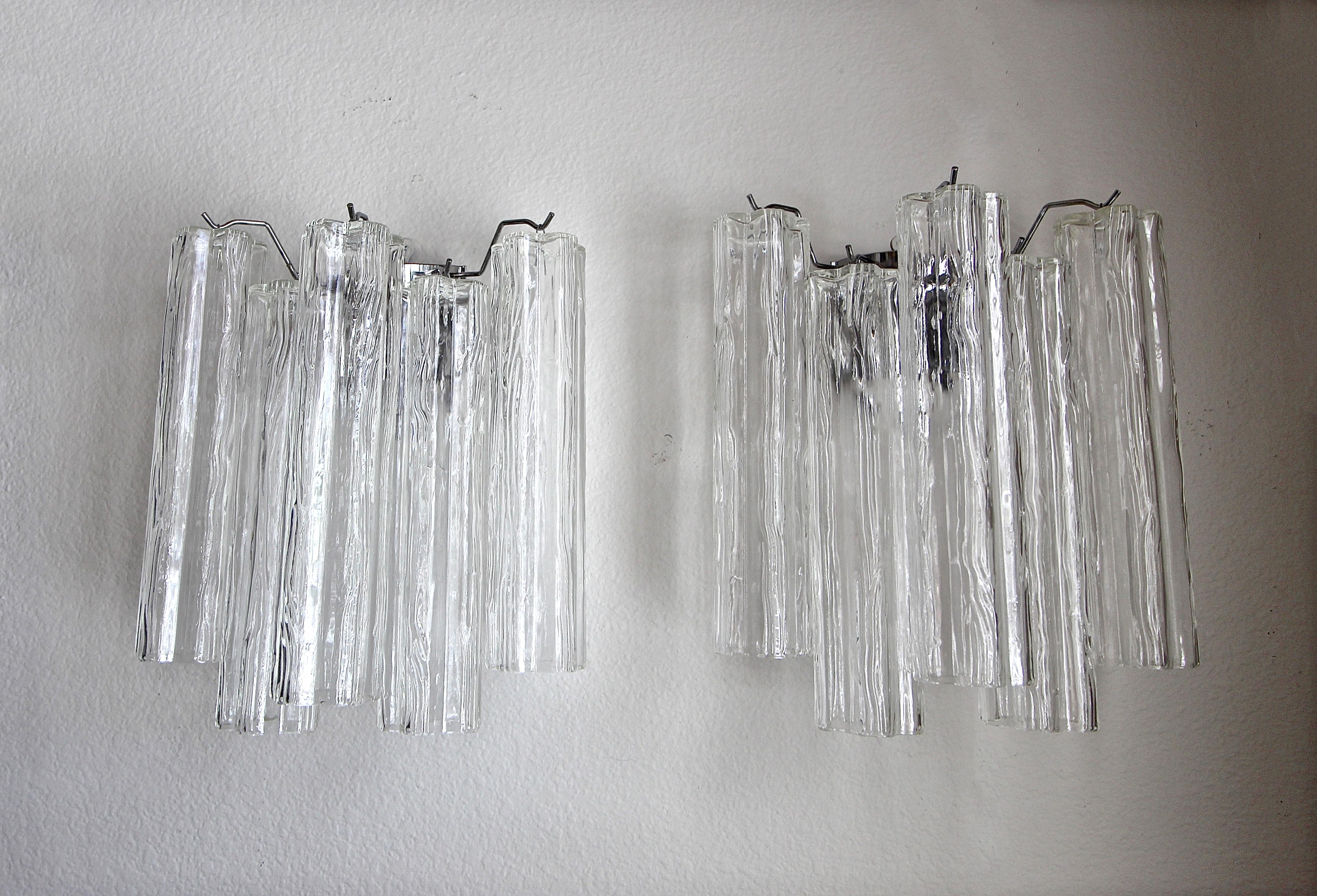 Late 20th Century Pair of Murano Tronchi Glass Tube Wall Sconces