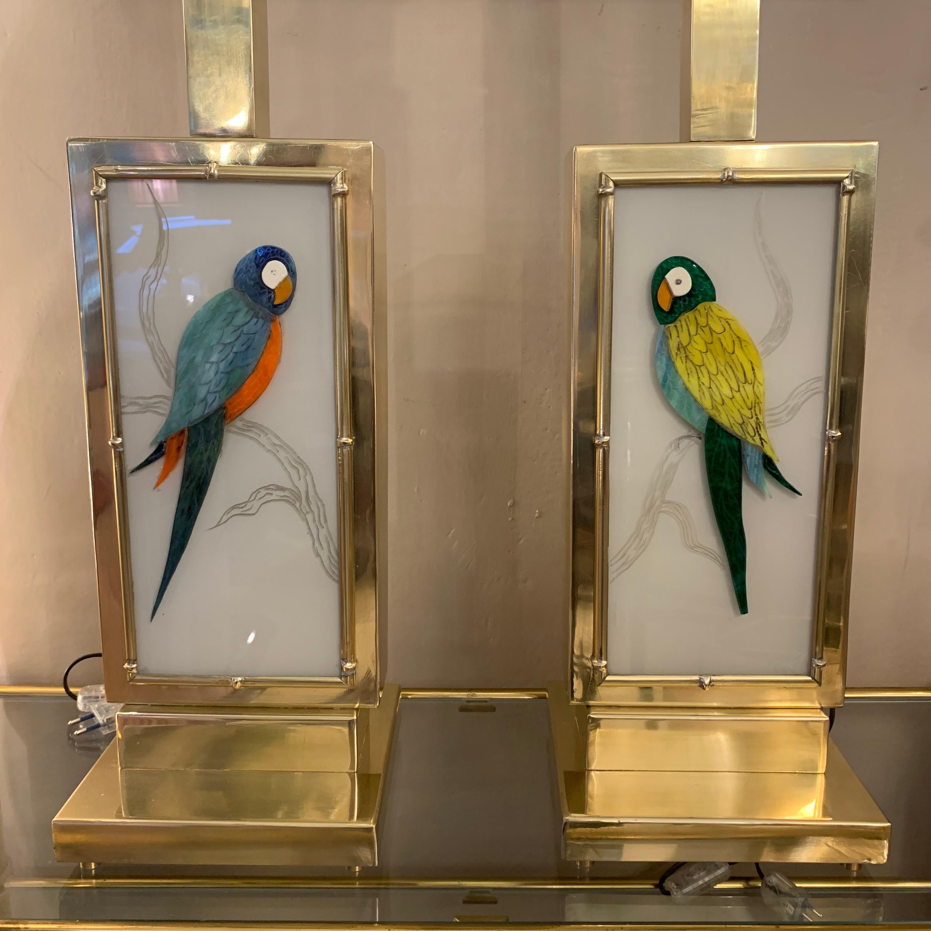 Late 20th Century Pair of Murano Two Sided Glass Parrots Table Lamps, 1970s