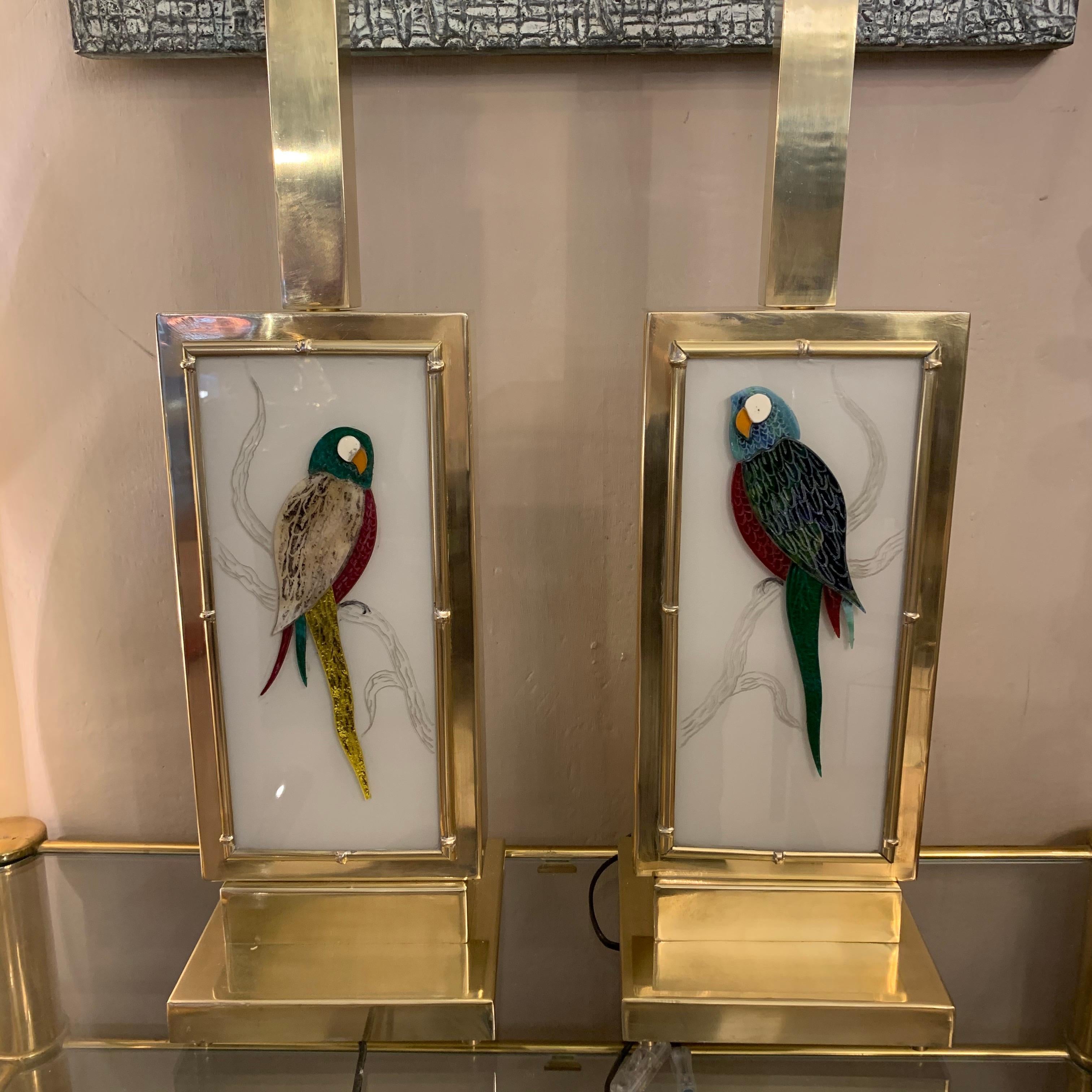 Brass Pair of Murano Two Sided Glass Parrots Table Lamps, 1970s