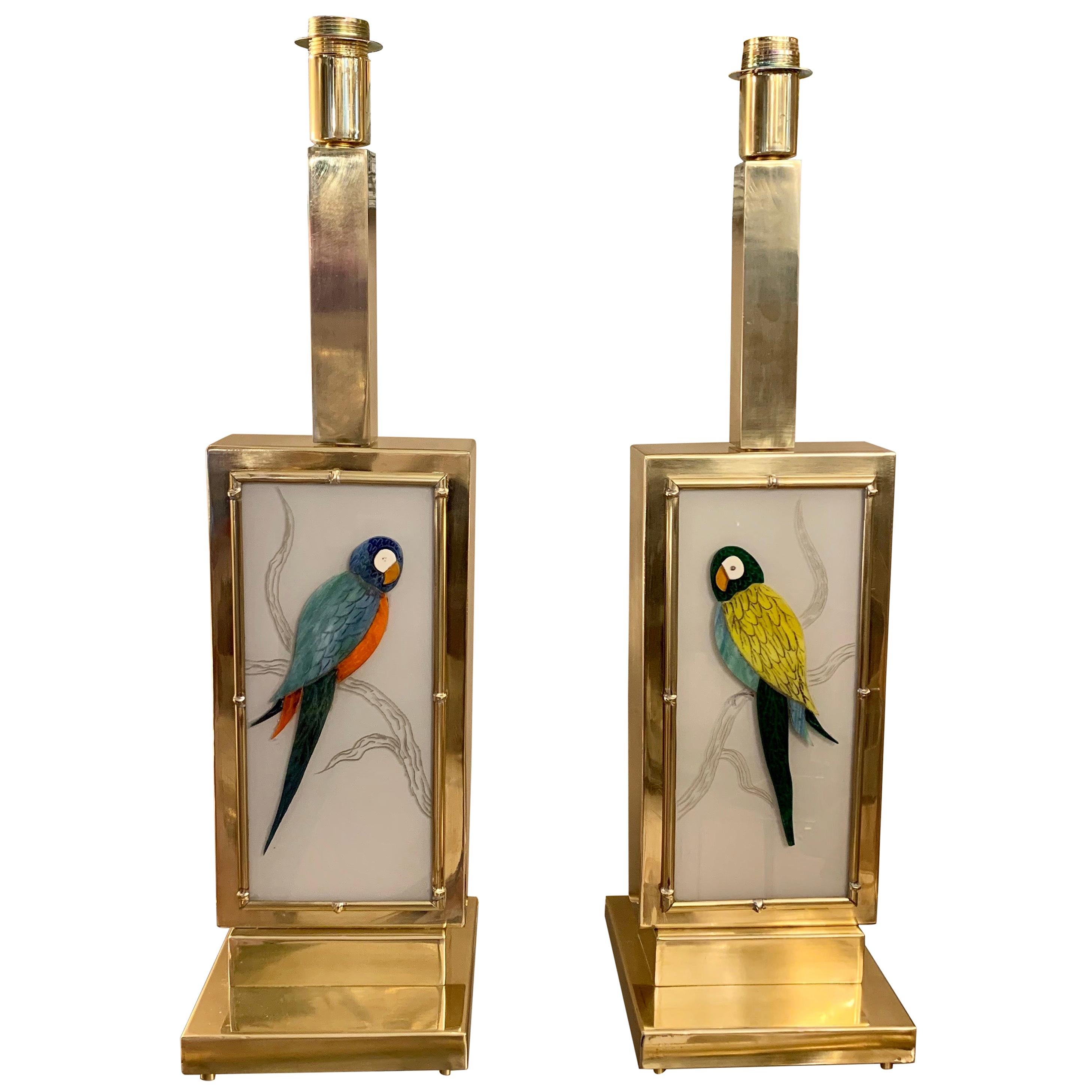 Pair of Murano Two Sided Glass Parrots Table Lamps, 1970s