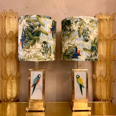 Pair of Murano Two-Sided Glass Parrots Table Lamps with Jungle Fabric, 1970s