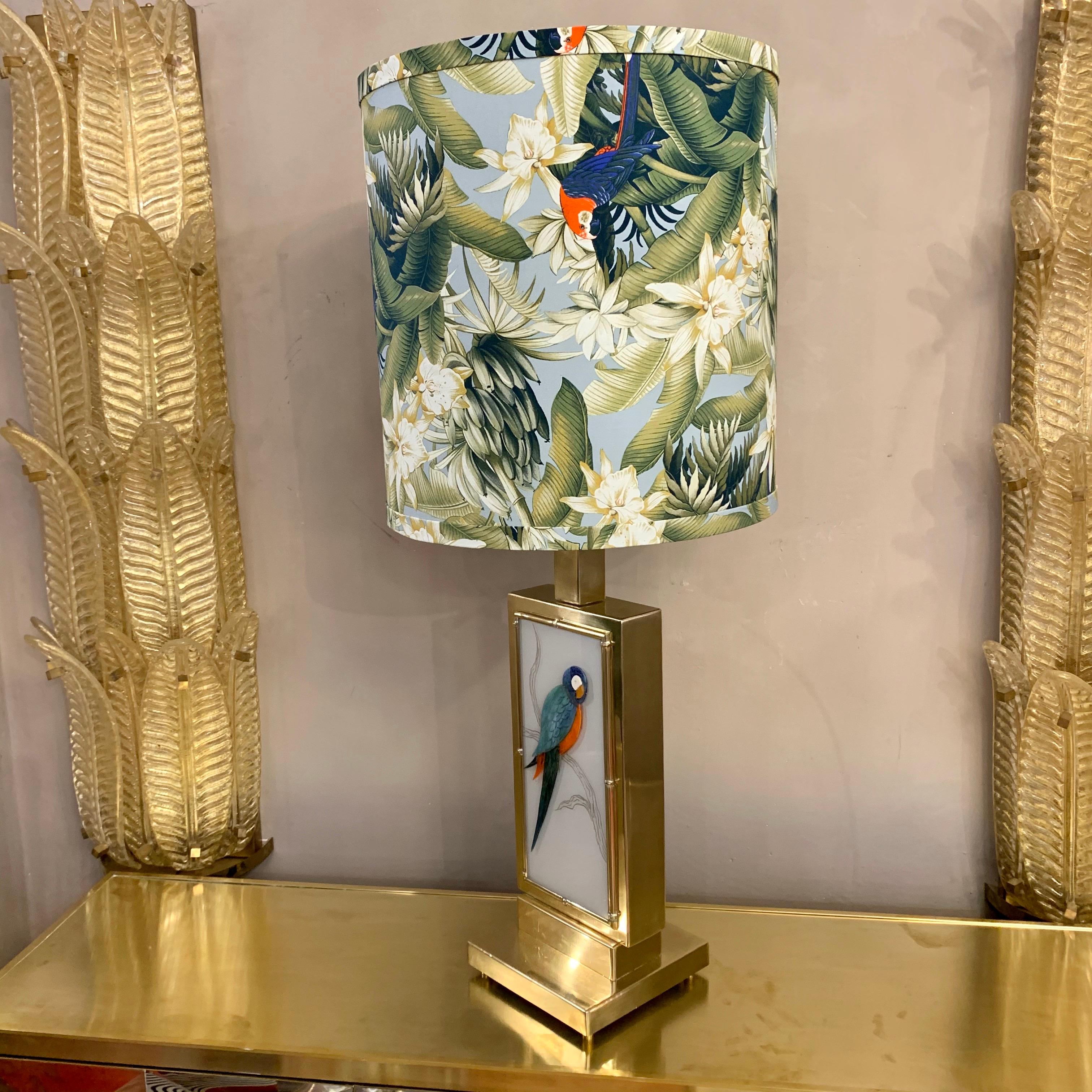 Brass Pair of Murano Two-Sided Glass Parrots Table Lamps with Jungle Fabric, 1970s