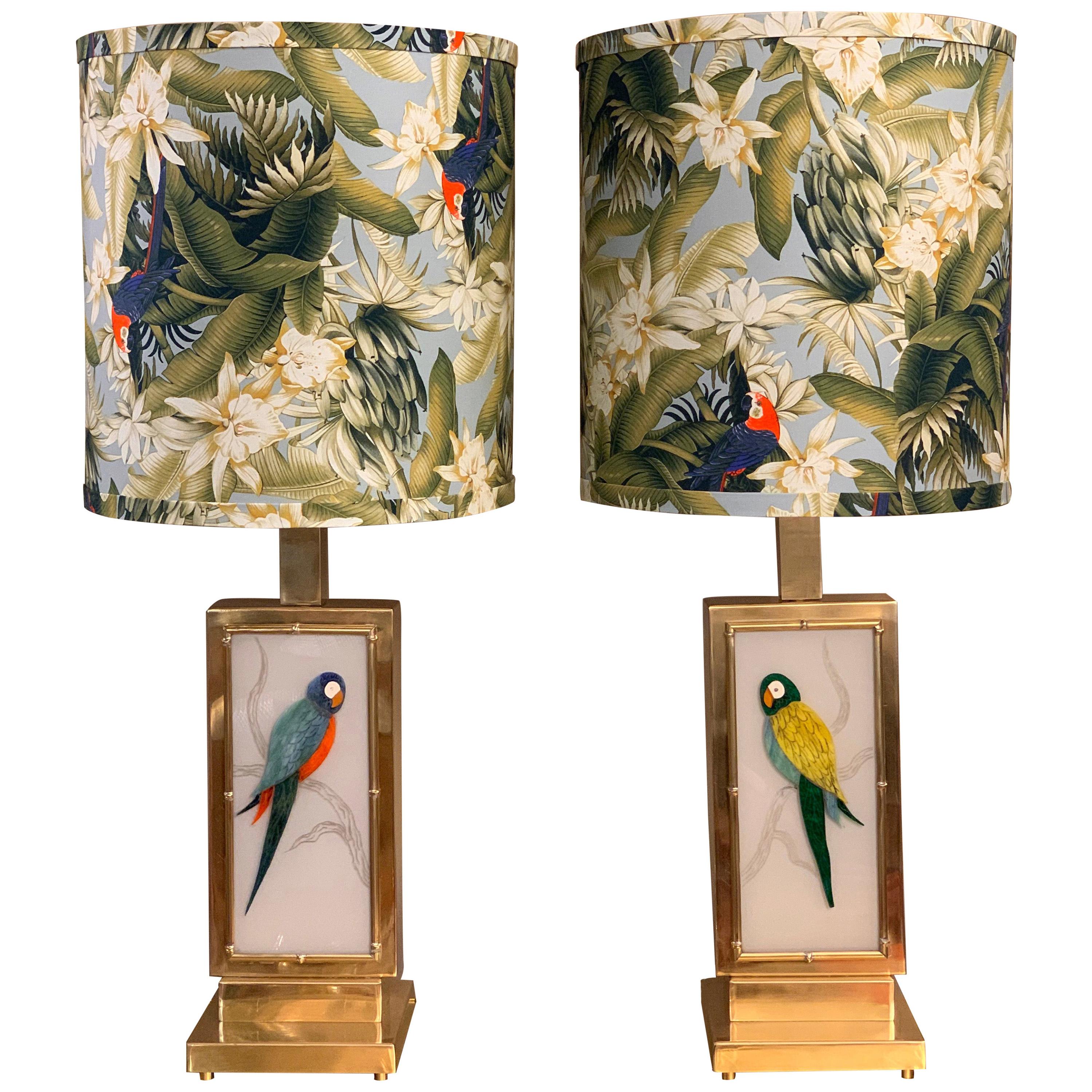 Pair of Murano Two-Sided Glass Parrots Table Lamps with Jungle Fabric, 1970s