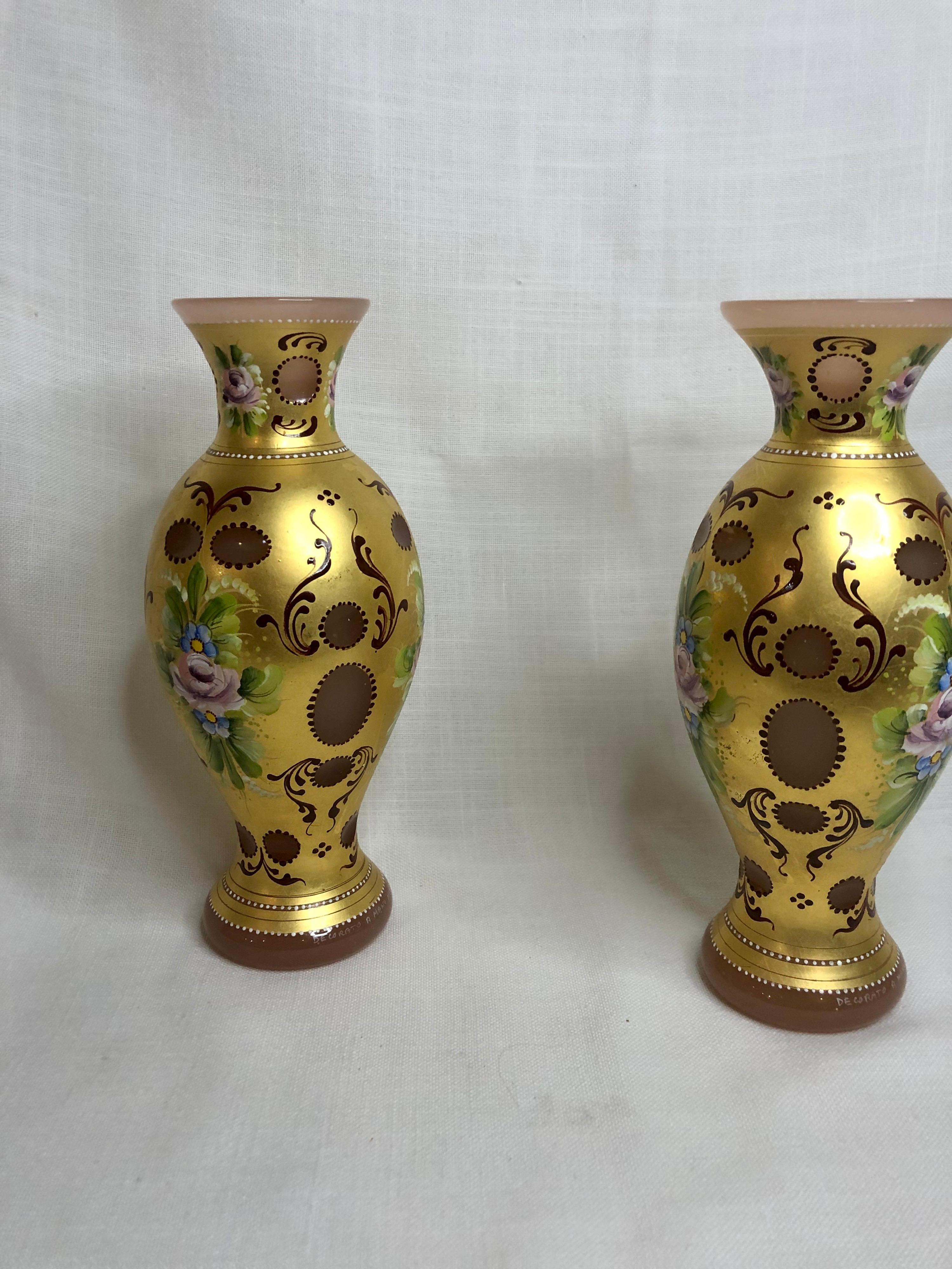 Pair of Murano Vases Cut Overlay Decorated with 24 Karat Gold and Pink Roses For Sale 1