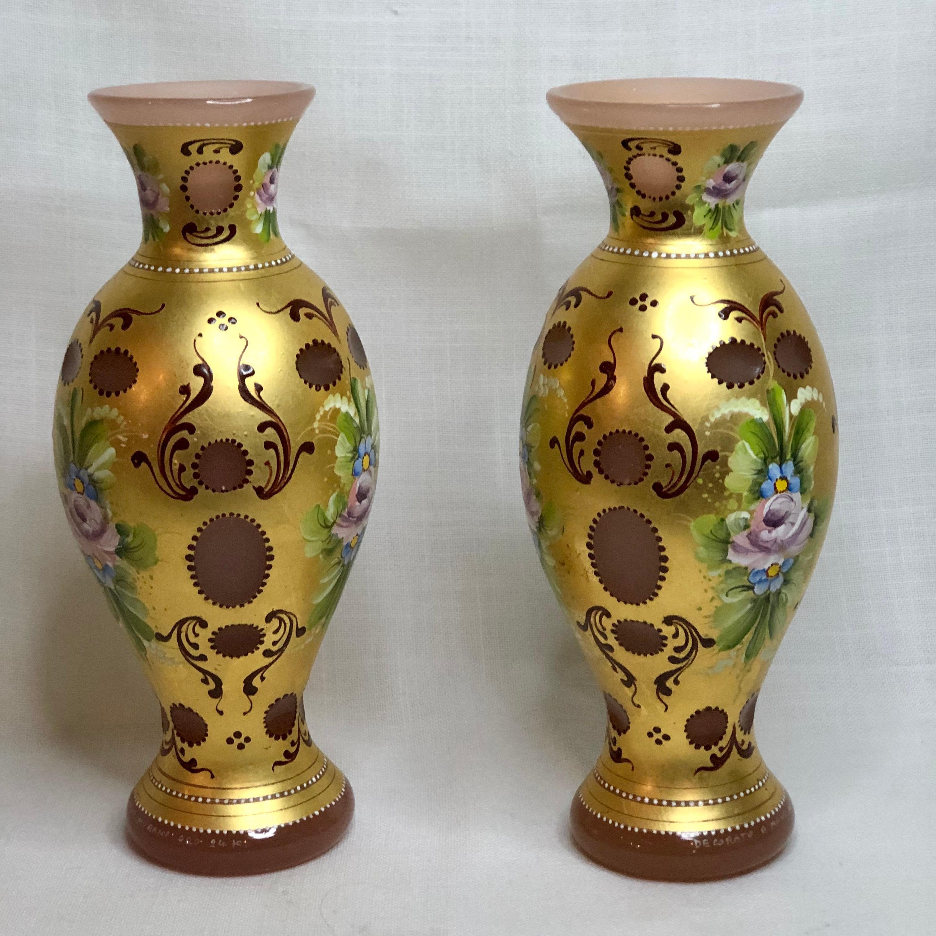 Pair of Murano Vases Cut Overlay Decorated with 24 Karat Gold and Pink Roses For Sale 3