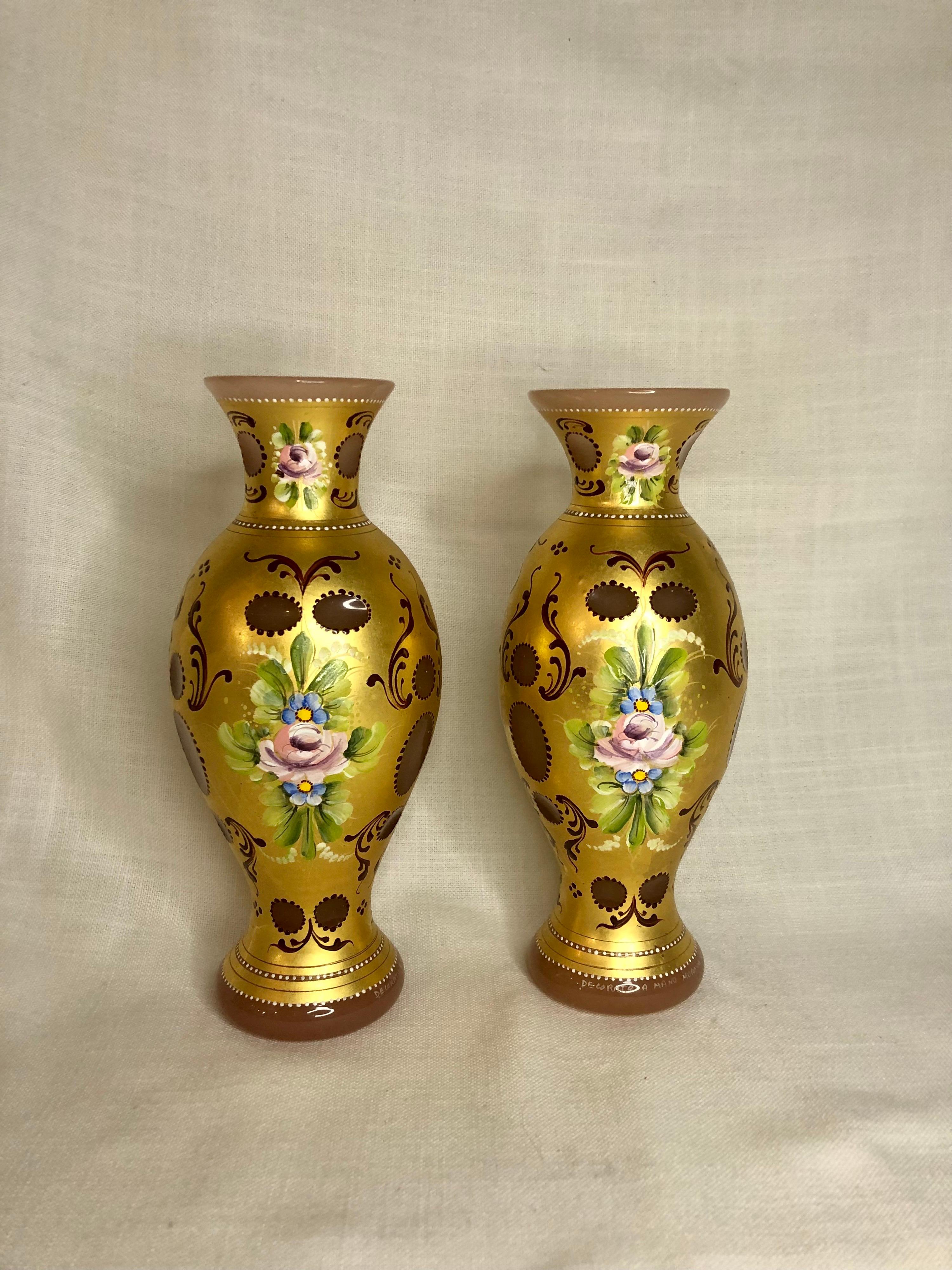 Rococo Pair of Murano Vases Cut Overlay Decorated with 24 Karat Gold and Pink Roses For Sale