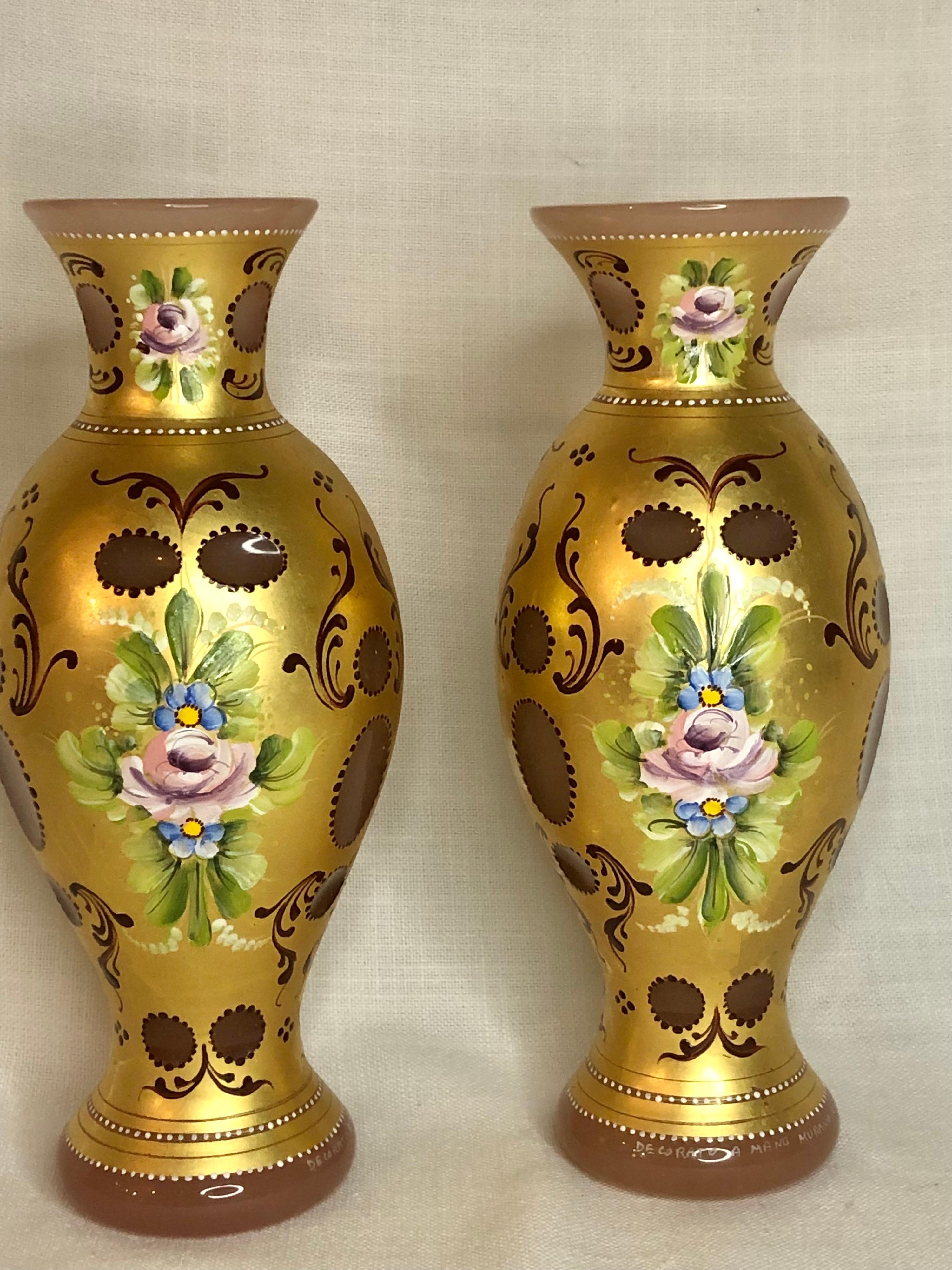 Italian Pair of Murano Vases Cut Overlay Decorated with 24 Karat Gold and Pink Roses For Sale