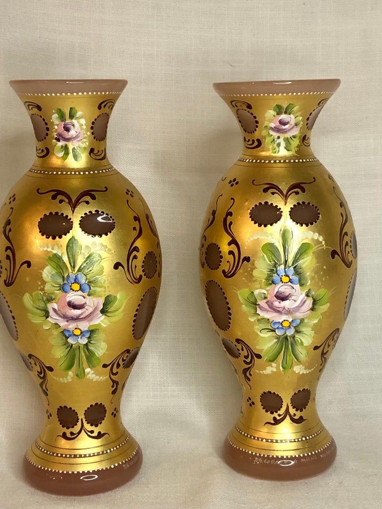 Gilt Pair of Murano Vases Cut Overlay Decorated with 24 Karat Gold and Pink Roses For Sale